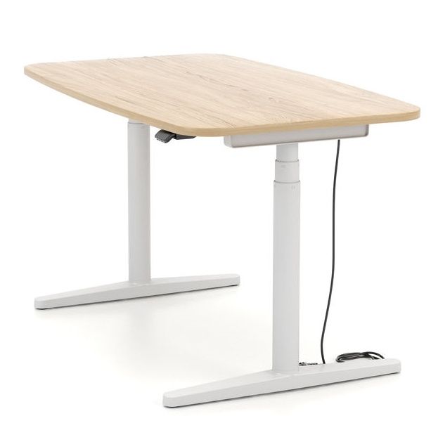 Vitra Tyde 2 Home Desk: Höhenverstellbarer Schreibtisch mit heller Holzplatte und weißem Gestell für ergonomisches Arbeiten.