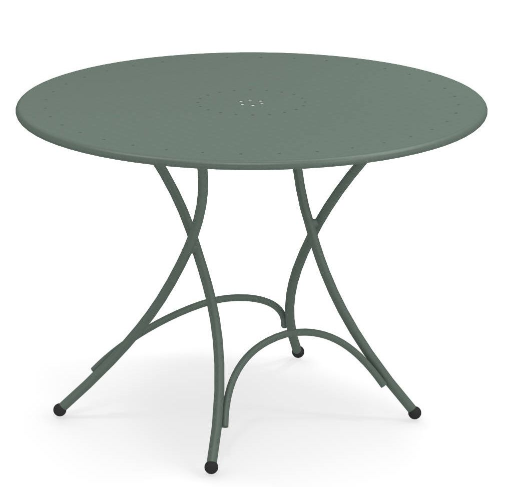 Runder, olivgrüner Pigalle Klapptisch von Emu für den Außenbereich, ideal für Garten und Terrasse.