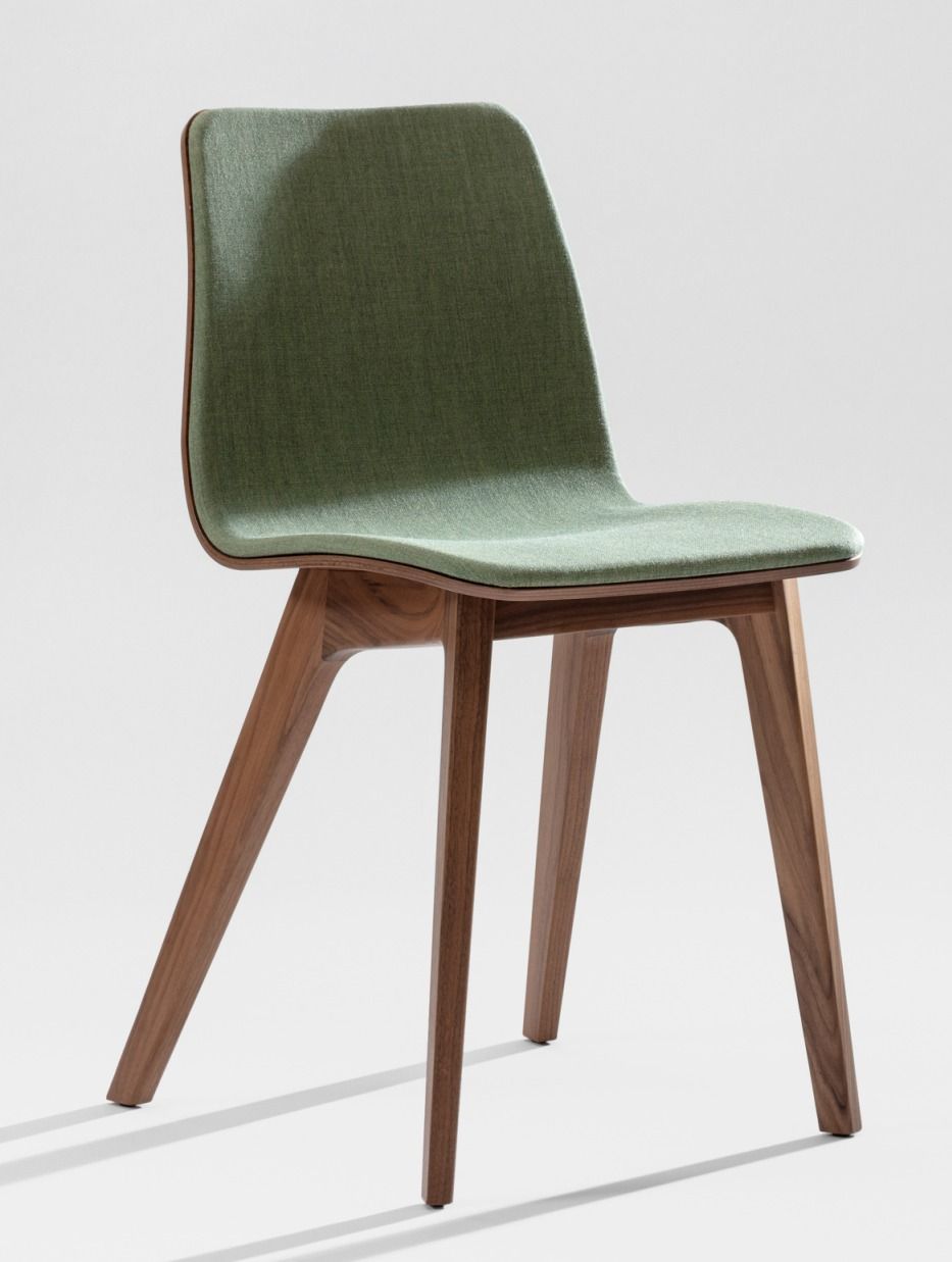 Morph Holzstuhl mit grünem Sitzpolster von Zeitraum, moderner Holzstuhl für Esszimmer und Wohnbereich.