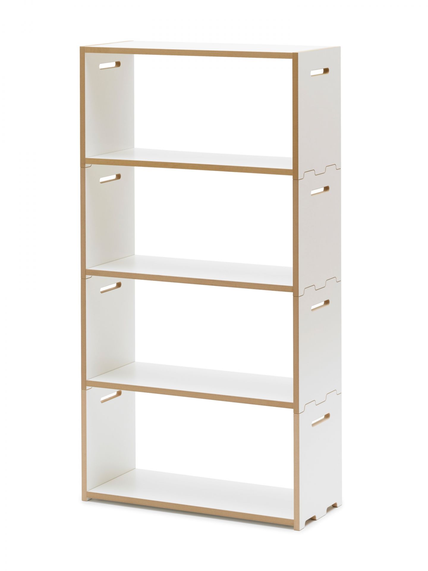 Weißes Tojo Hochstapler Regal Grundmodul mit vier Fächern, für Bücher und Dekoration.