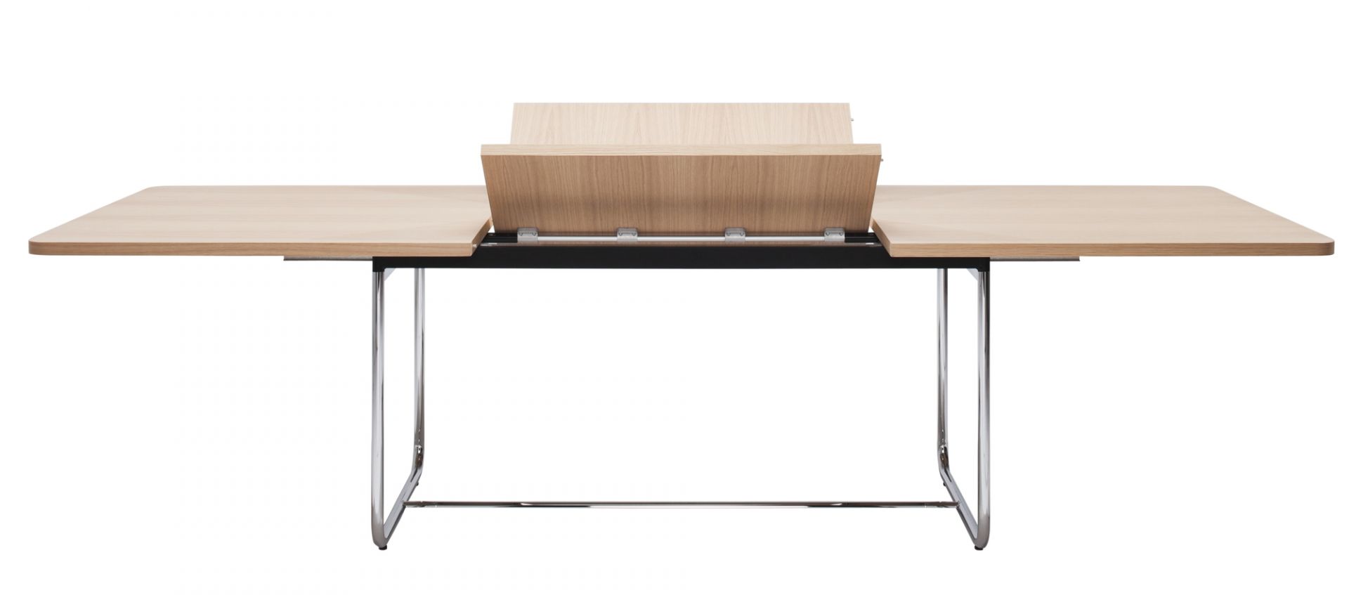 S 1072 Thonet Esstisch ausziehbar mit Holztischplatte und Stahlrohrgestell, ausgezogen. Erweiterbarer Küchentisch für Esszimmer.