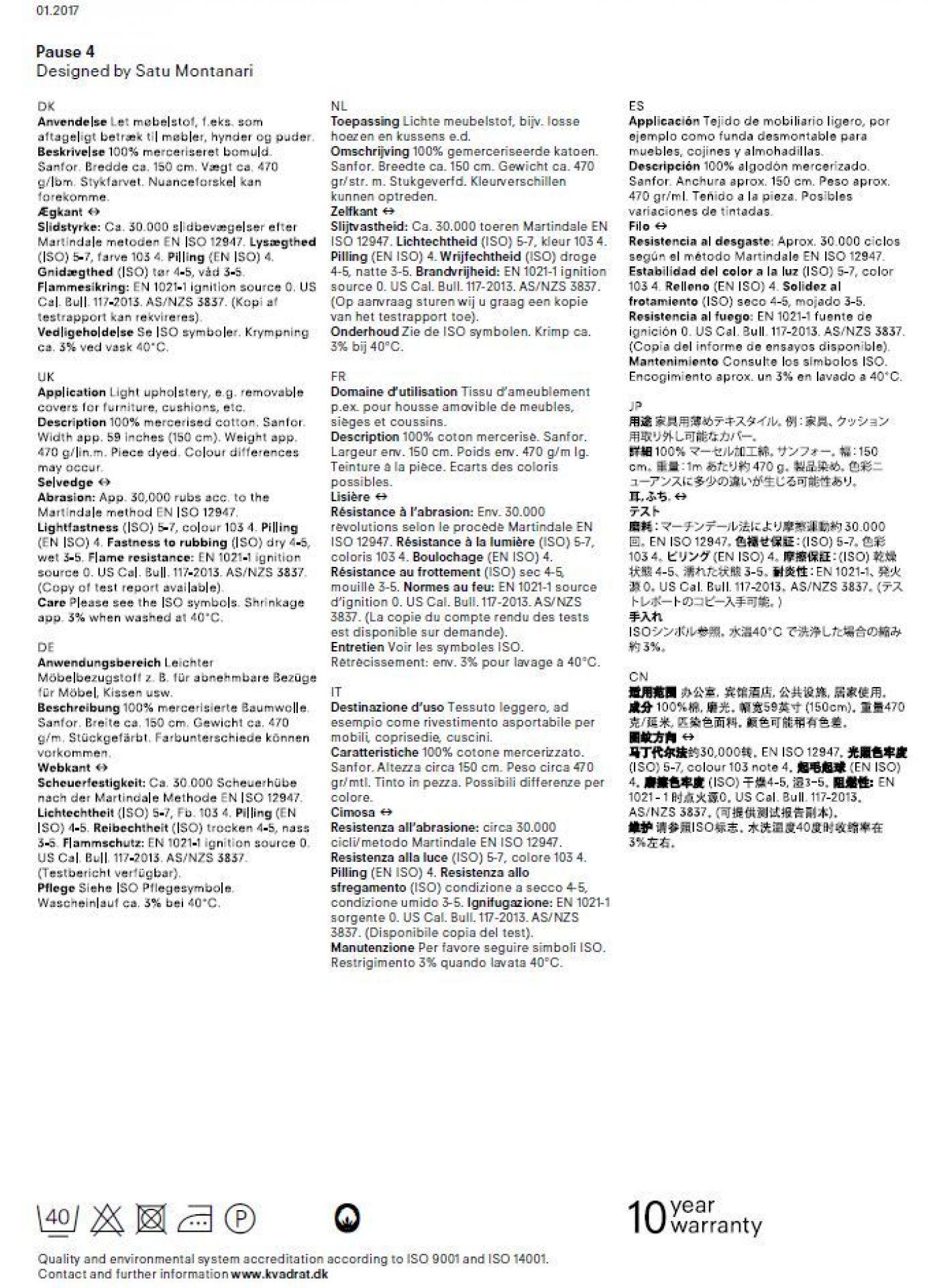 Stoffmusterkarte Pause 4 Kvadrat: Nahaufnahme der Textilinformationen für Möbelstoffe, Zusammensetzung, Pflegehinweise und technische Details.