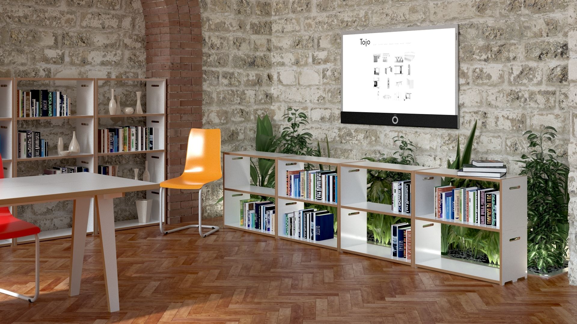 Tojo Hochstapler Regal Grundmodul aus weißem Holz, flexibel erweiterbar, als Bücherregal oder Raumteiler im Wohnzimmer.