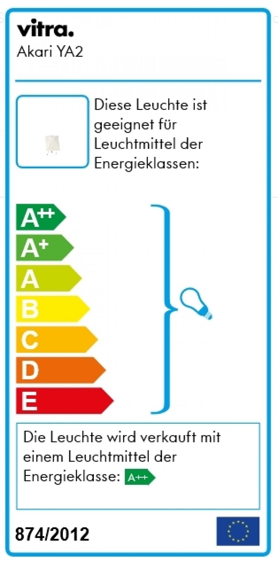 Energieetikett der Akari YA2 Tischleuchte von Vitra mit Energieeffizienzklassen und Hinweisen.