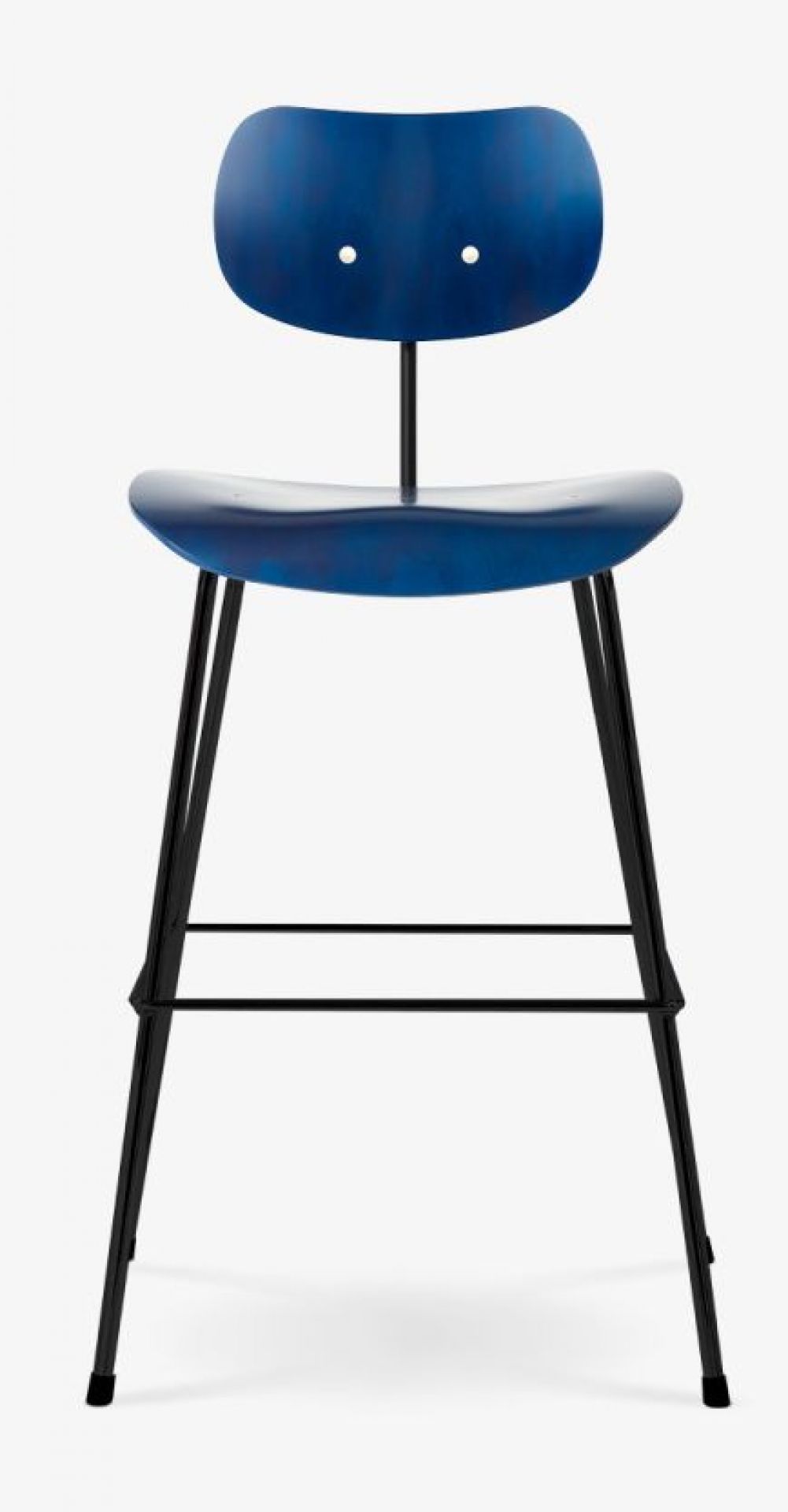 Blauer SB 68 Barhocker von Wilde+Spieth mit schwarzem Metallgestell und klar lackierter Sitzfläche.