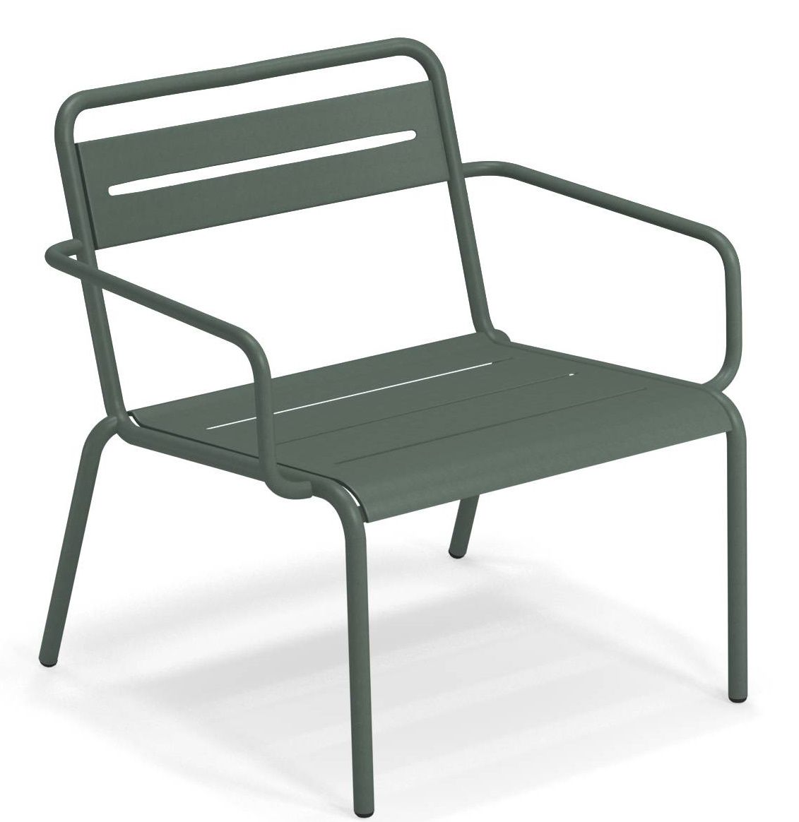 Emu Star Lounge Chair Sessel für den Außenbereich, grüner Metallrahmen mit Armlehnen und Lattenmuster.