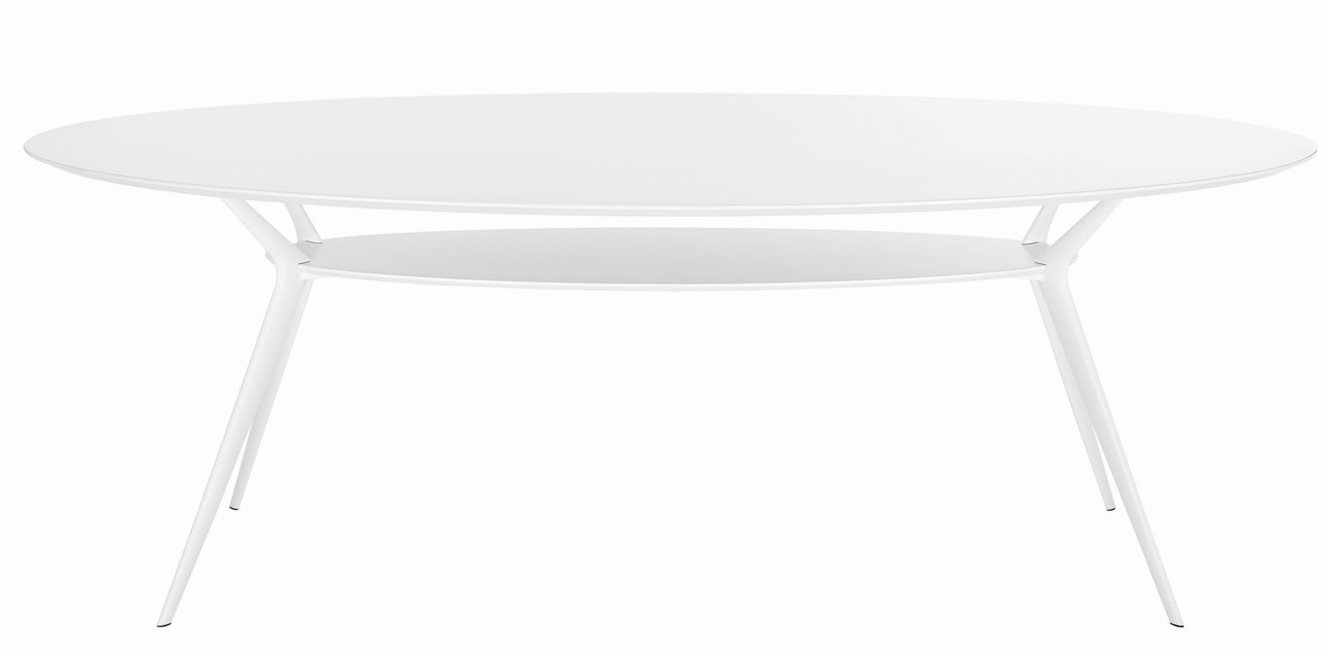 Weißer Biplane Tisch mit runder Tischplatte und Ablagefläche, minimalistisches Design für Esszimmer und Wohnzimmer.