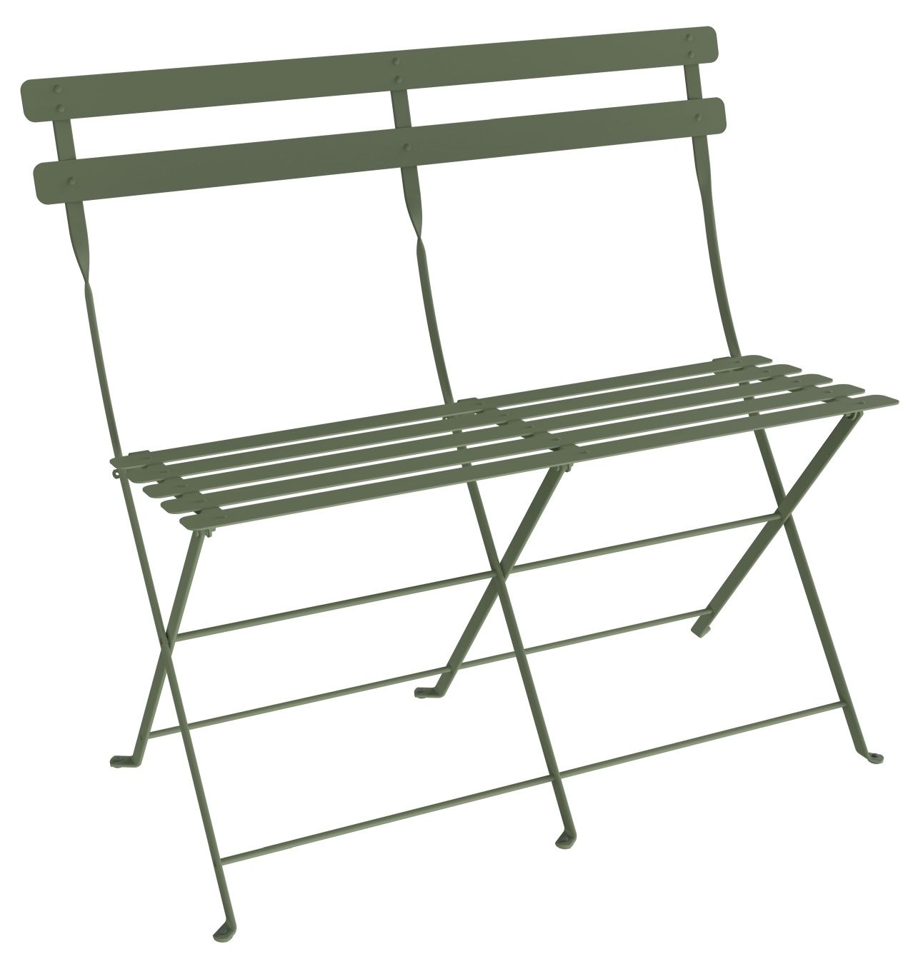 Grüne Bistro 2-Sitzer Klappbank von Fermob für den Garten oder die Terrasse, zusammengeklappt und freistehend.