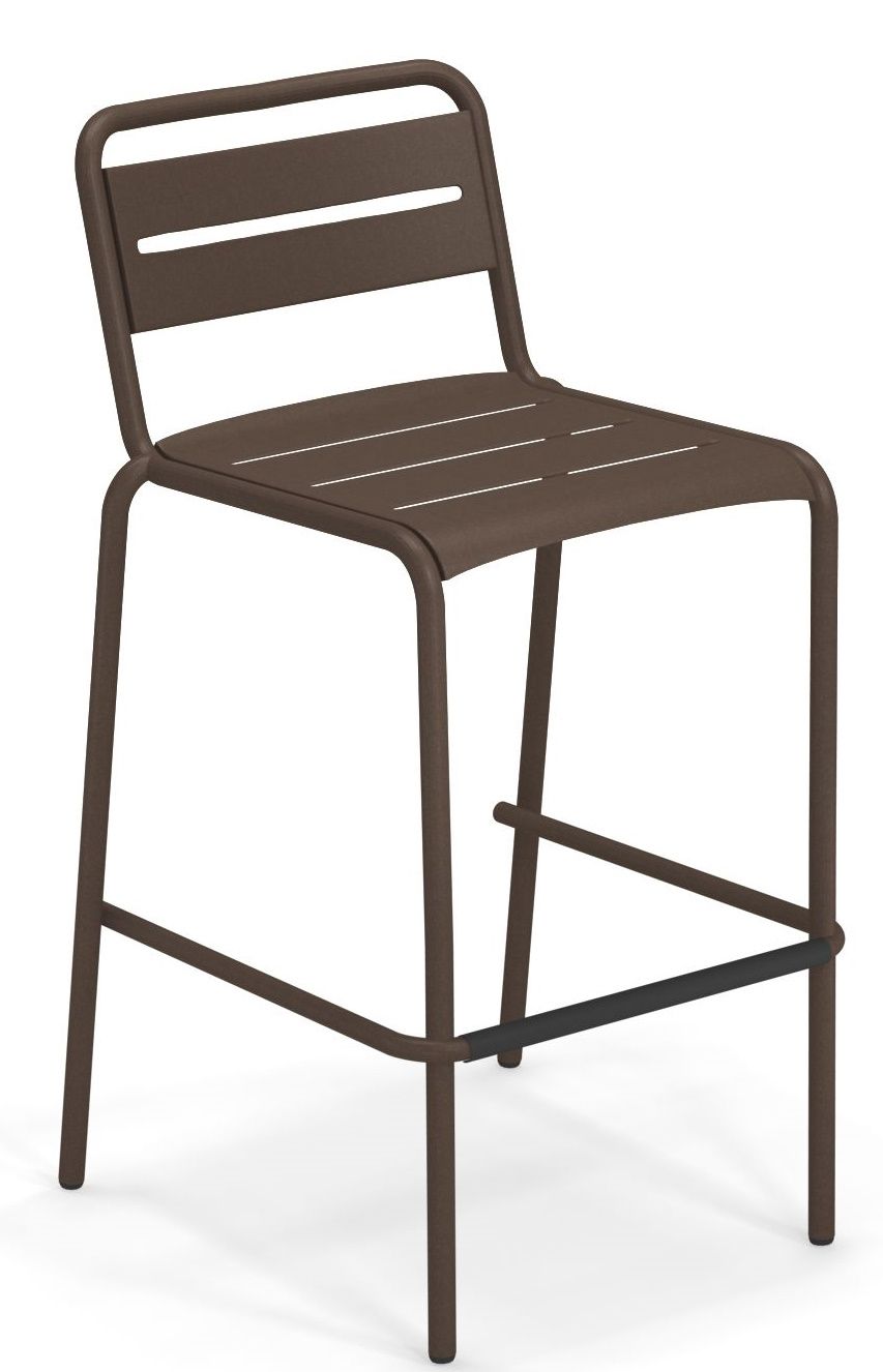 Star Barstool Barhocker Outdoor Emu, braun, aus Metall mit Rückenlehne und Fußstütze für den Garten.