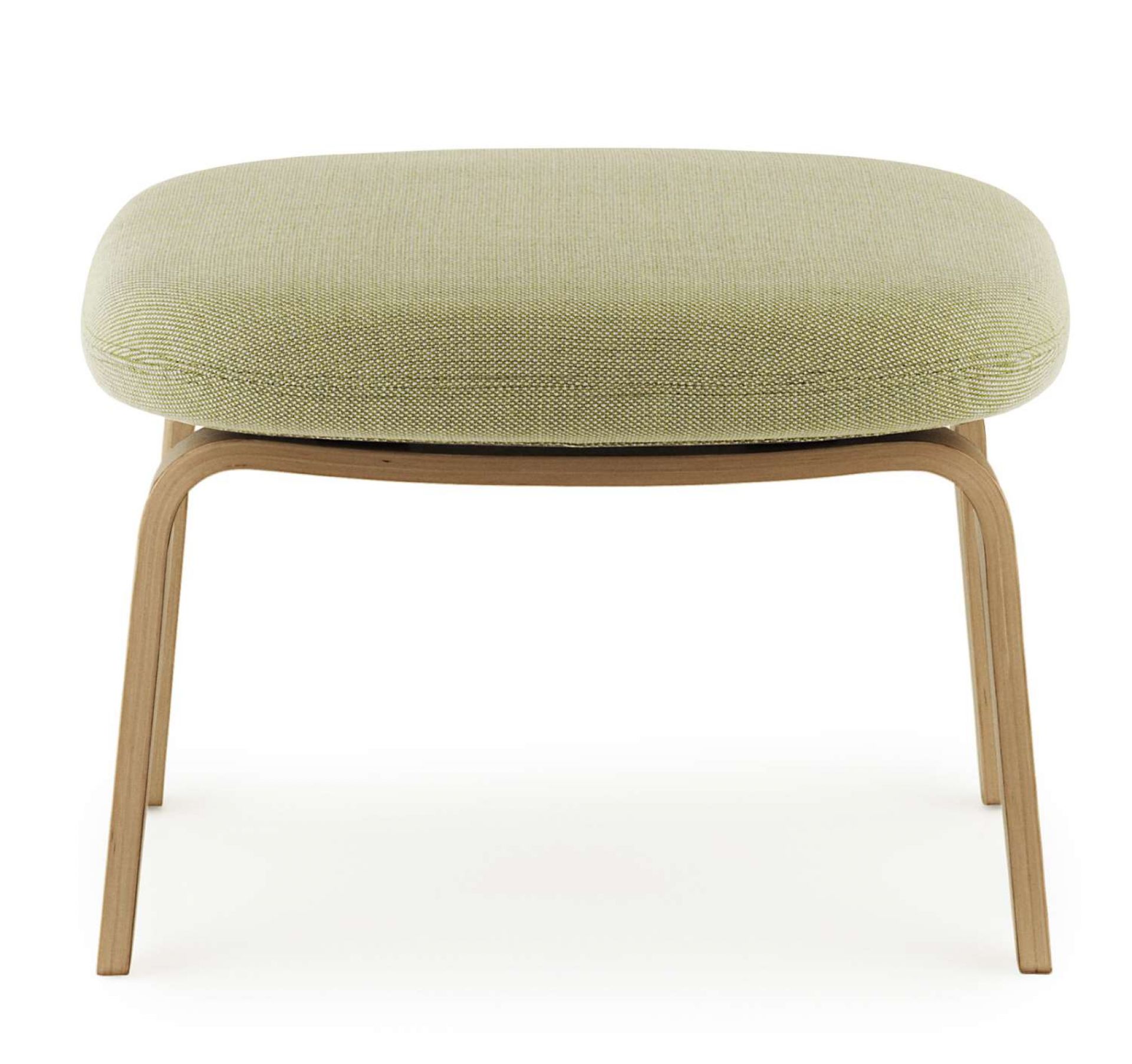 Era Footstool Fußhocker von Normann Copenhagen, hellgrüner Stoffbezug und helles Holzgestell, Frontansicht.