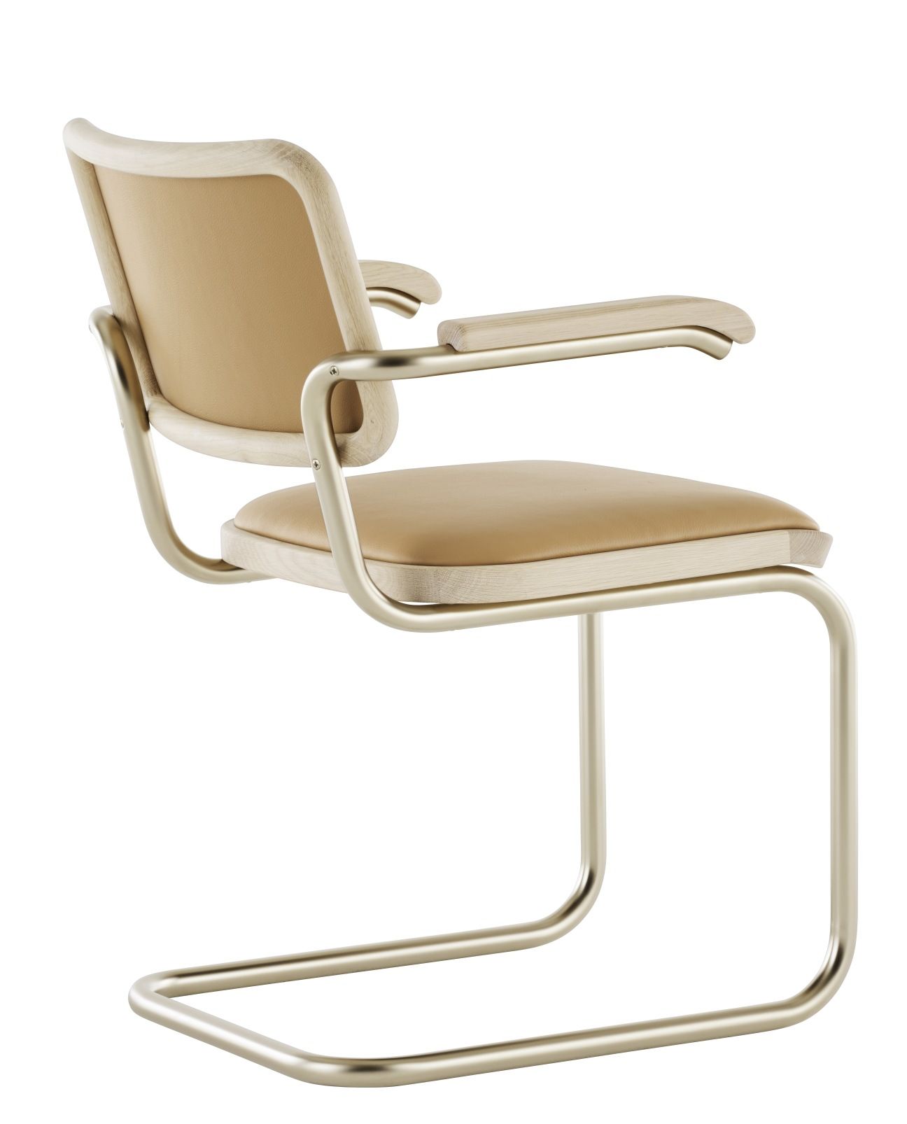 JS. Thonet S 64 P Freischwinger Stuhl, Bugholz, beige Lederpolsterung, Stahlrohrgestell, modernes Design, hochwertige Sitzmöbel.