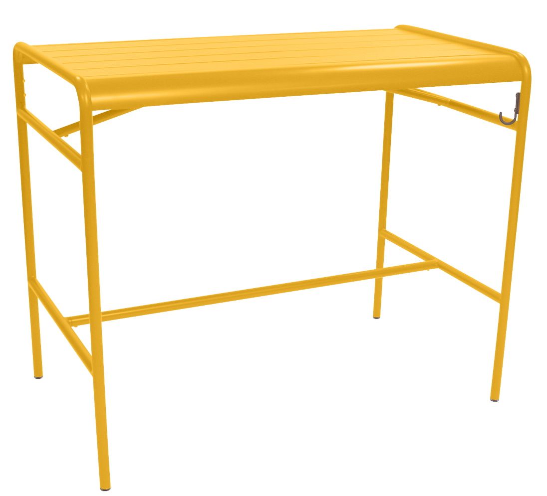 Gelber Luxembourg Stehtisch von Fermob, ideal für den Außenbereich, 126 x 73 cm, mit Haken.
