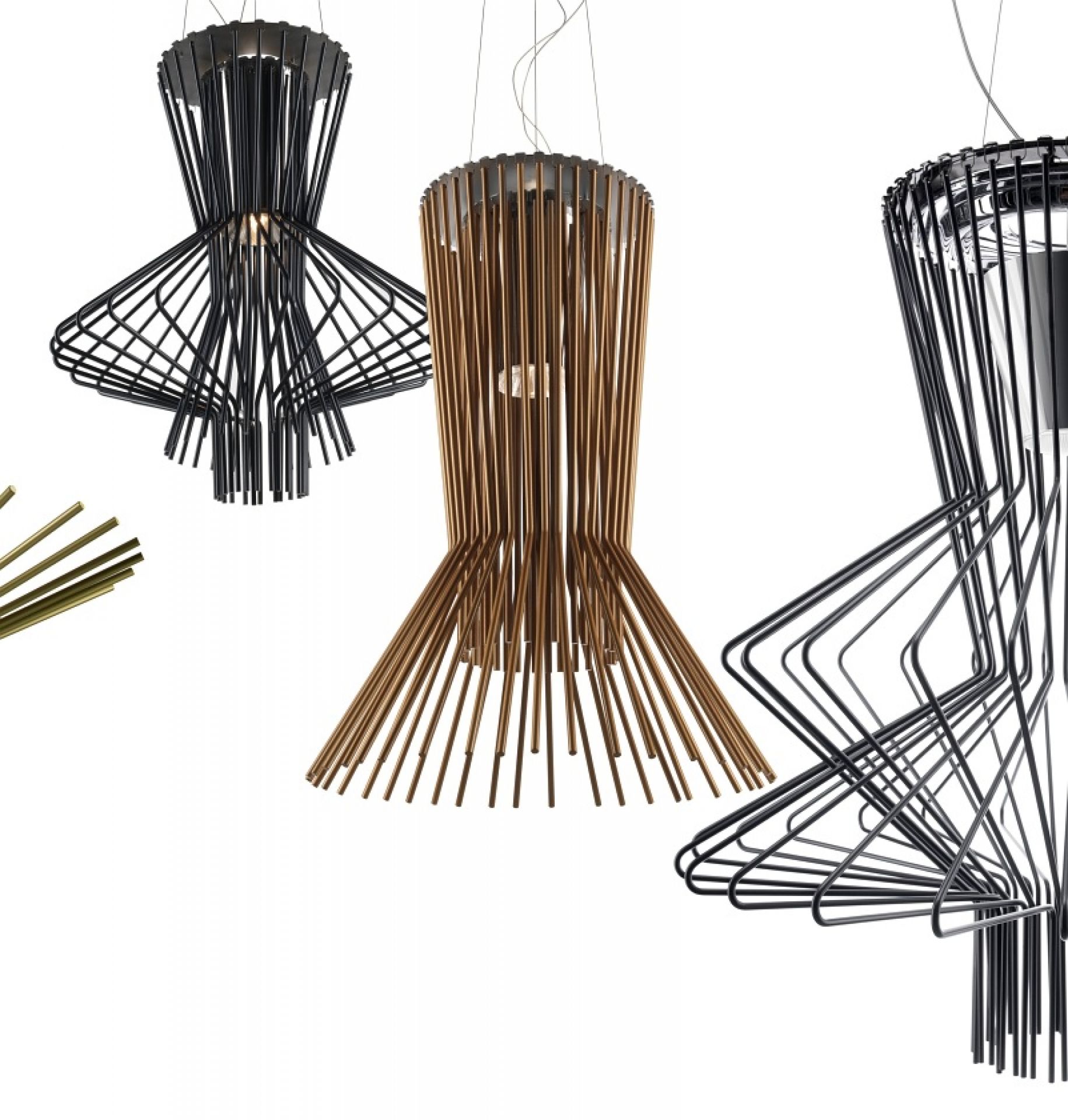 Allegretto Assai Pendelleuchten von Foscarini in Schwarz und Gold, moderne Designer Hängelampen für Wohnzimmer und Esszimmer.