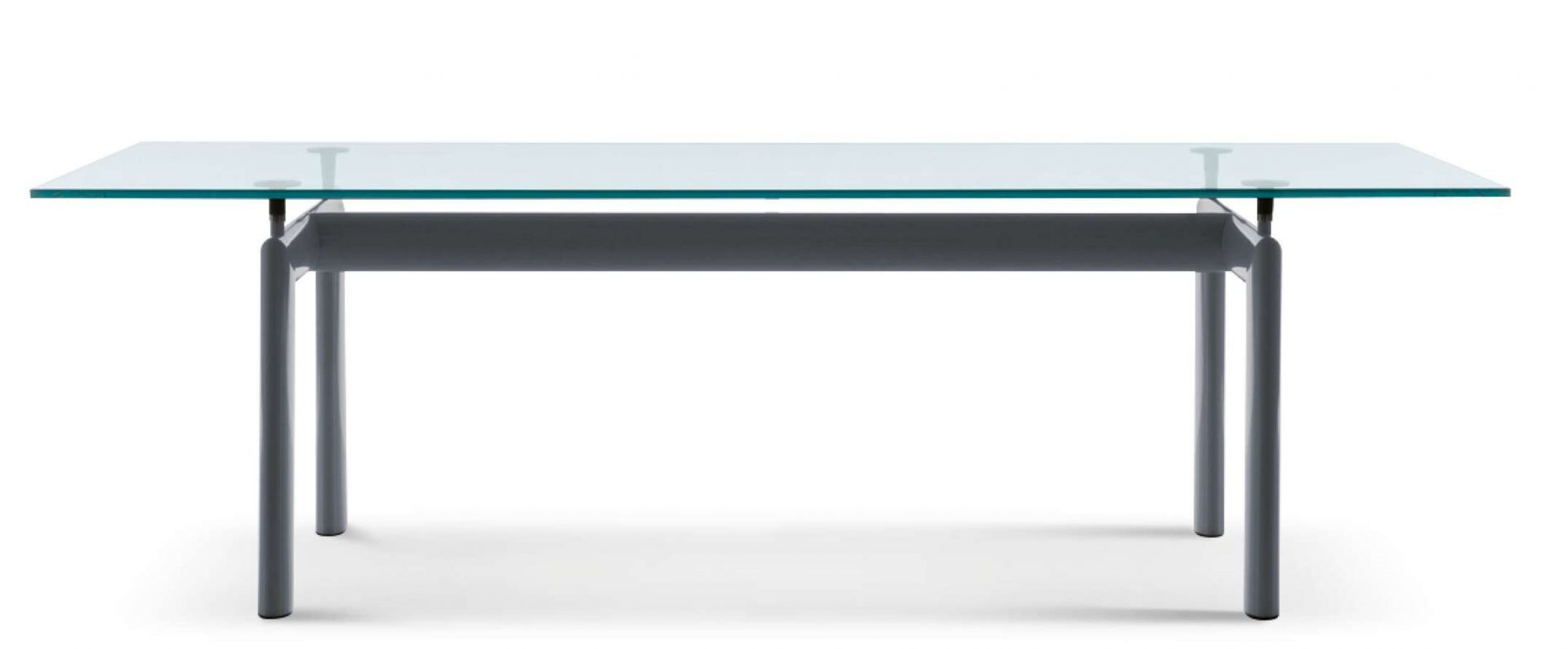 LC6 Table tube d´avion Esstisch Cassina mit Glasplatte und grauem Stahlrohrgestell, Frontansicht.