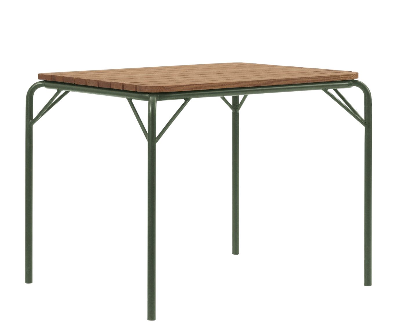 Normann Copenhagen Vig Table 90x90 cm für den Außenbereich, Gartentisch mit Holzplatte und grünem Gestell.