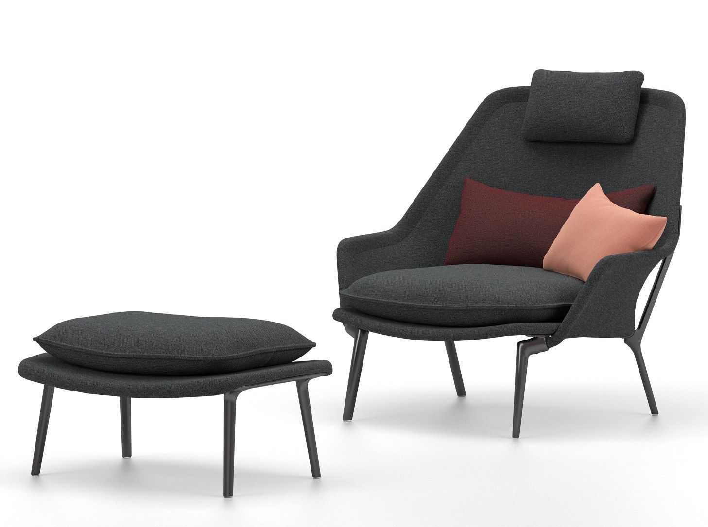 Vitra Slow Chair mit Ottoman in Grau, bequemer Sessel mit Fußhocker und Kissen.