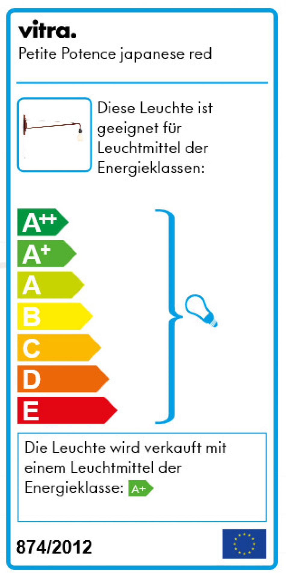 Energieeffizienzlabel der Vitra Petite Potence Wandleuchte in Japanese Red mit Energieklasse A+.