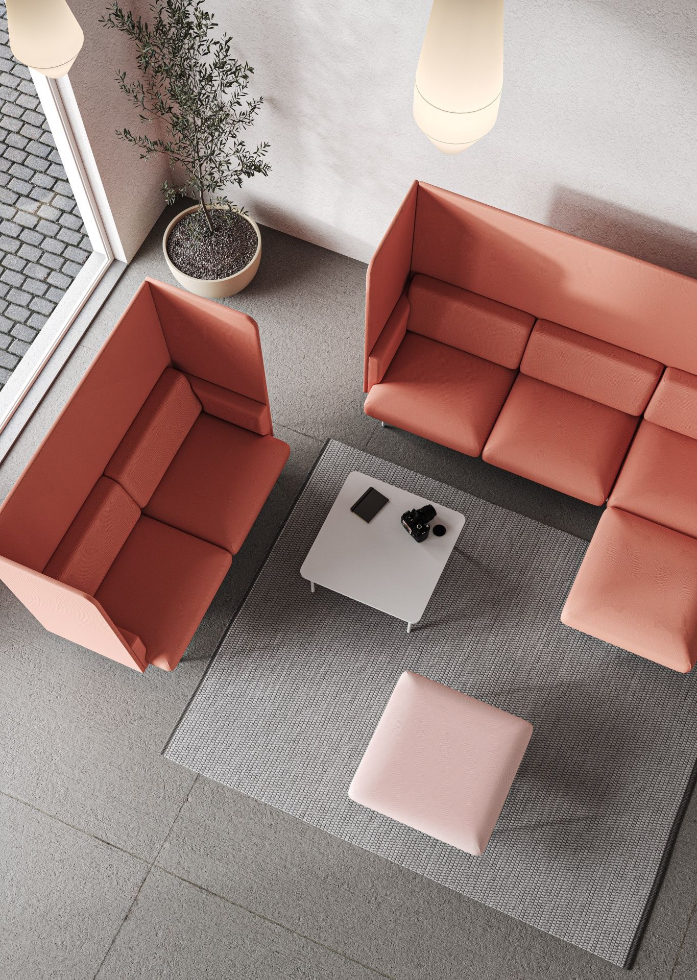 Draufsicht: Moderner fora FR 100 Hocker von Bejot, rosa Ottoman auf Teppich in stilvollem Büro-Lounge-Bereich.