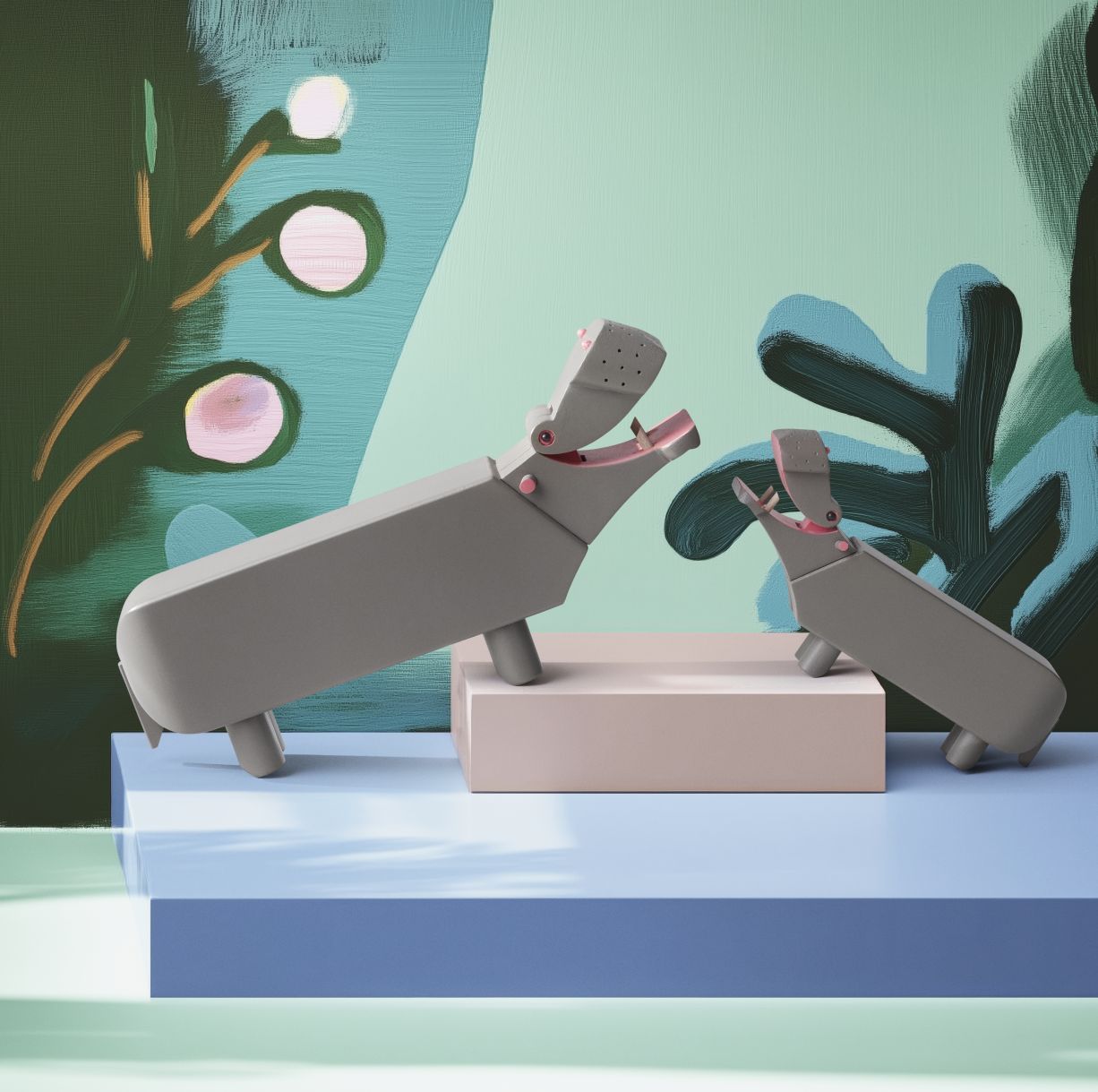 Graues Kay Bojesen Holz-Flusspferd, liliput Version, als Deko-Objekt und Design-Klassiker für Kinder und Erwachsene.