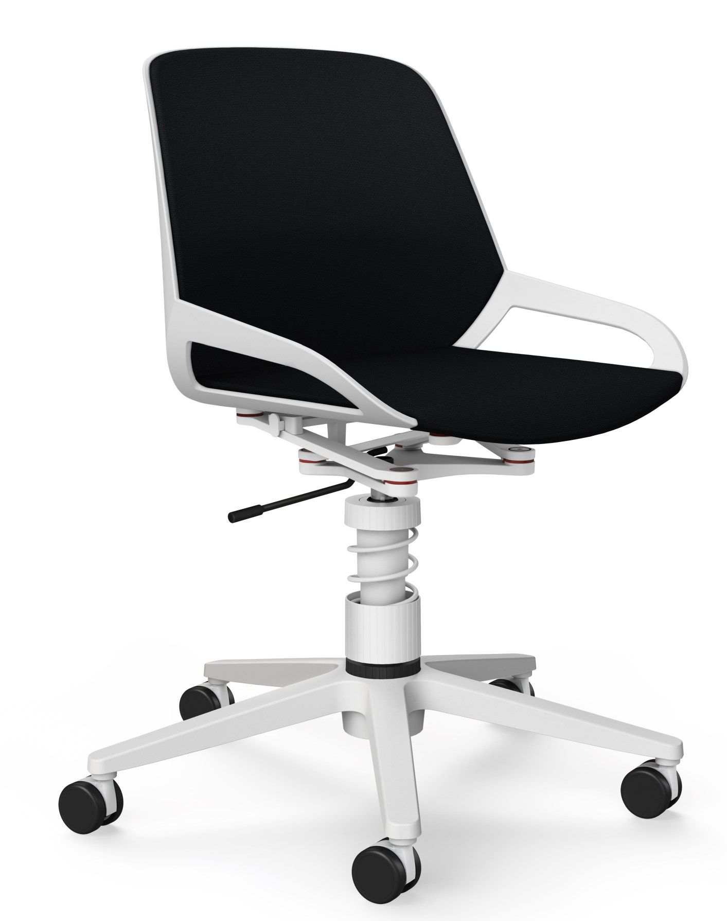 Numo Task Bürodrehstuhl von Aeris mit schwarzem Sitz und Rückenlehne, weißem Gestell und Rollen.