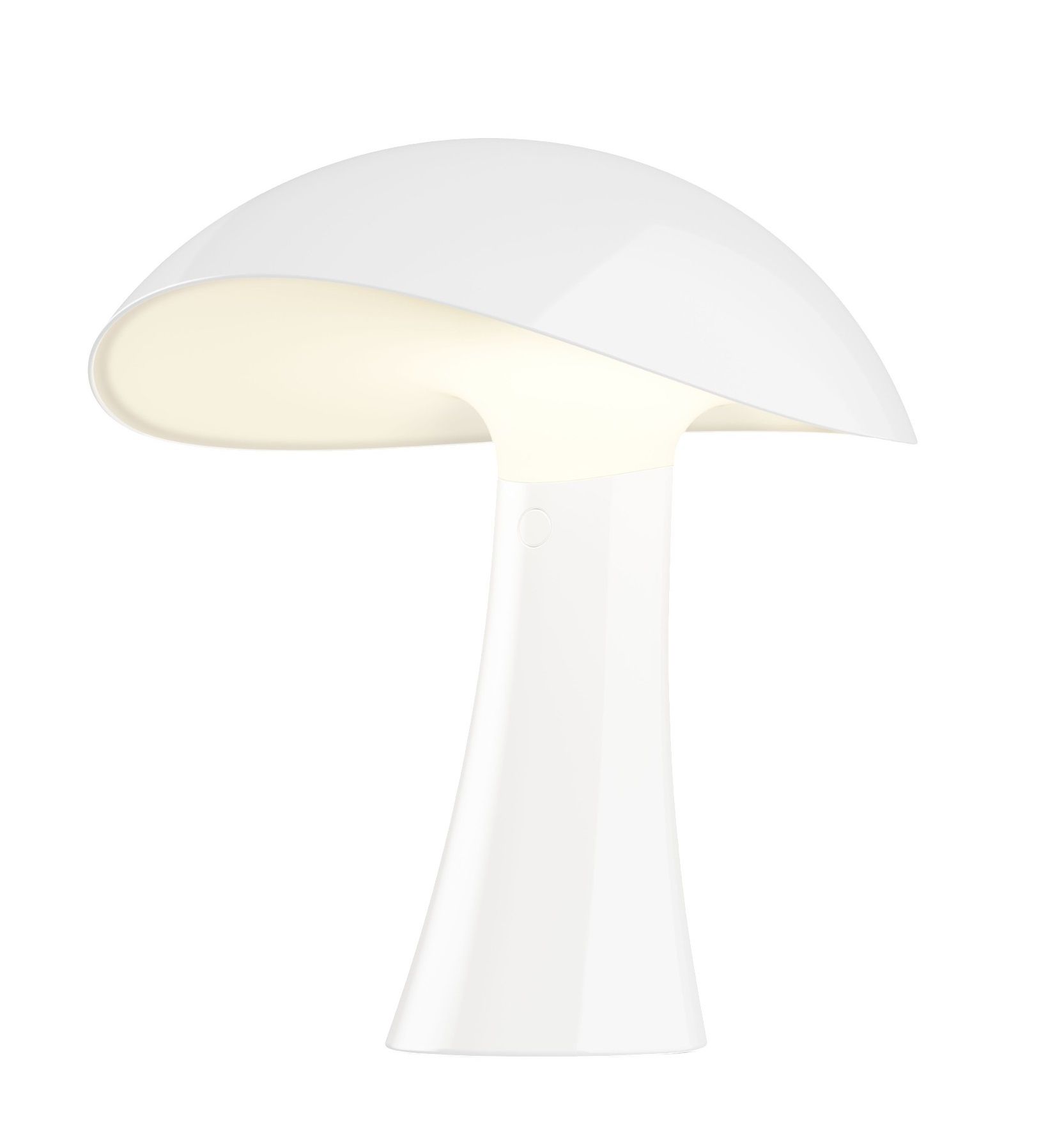 Weiße Rumee 220 Akkuleuchte von Louis Poulsen, pilzförmiges Design für Innen- und Außenbereich.