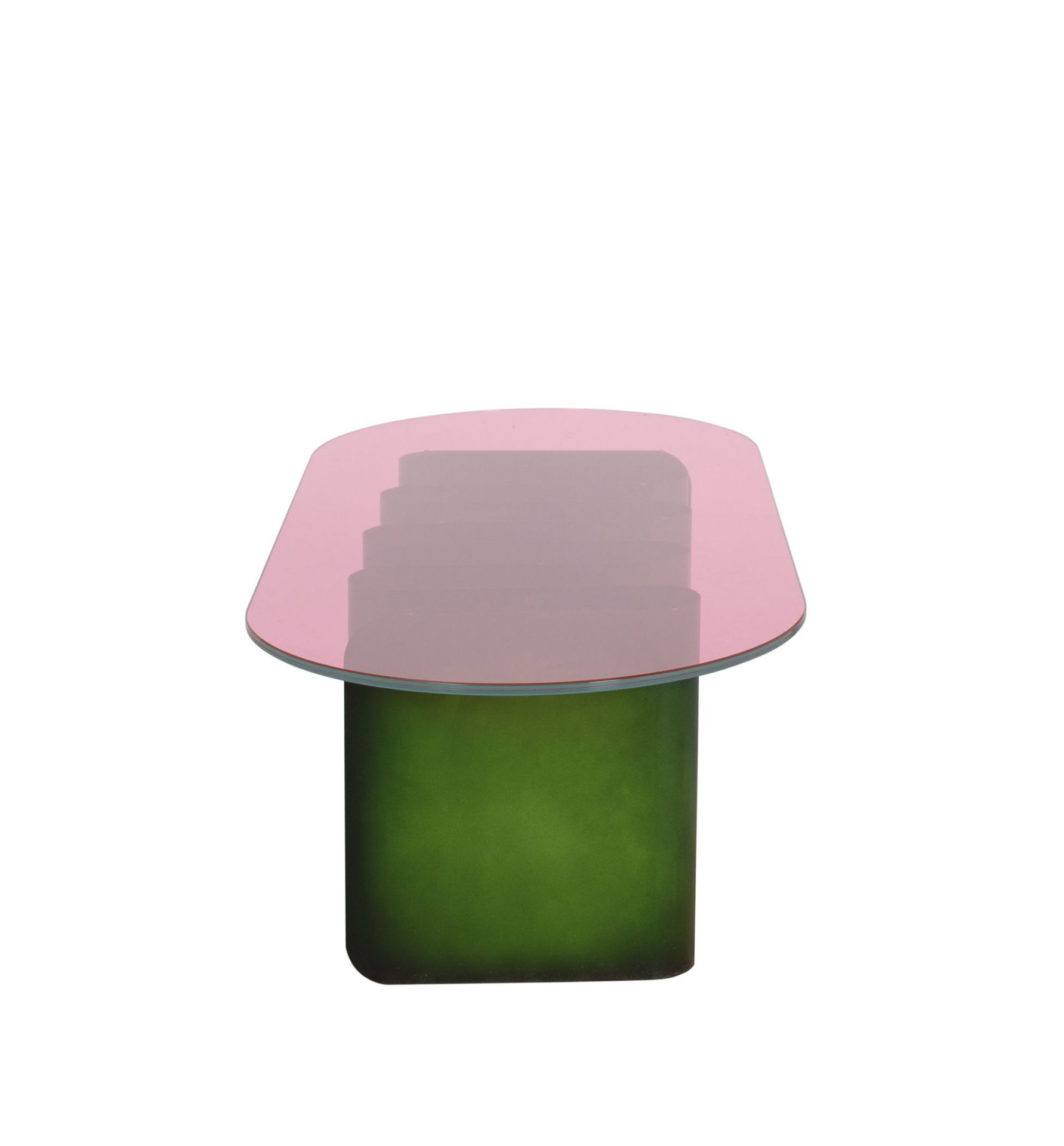Tavolino2 Beistelltisch von Pulpo mit rosa Glasplatte und grünem Sockel, modernes Möbeldesign.