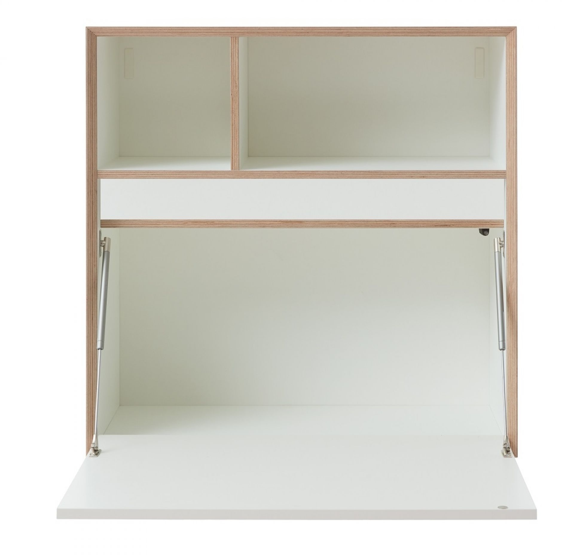 Vertiko Ply Five Wandsekretär von Müller Möbelwerkstätten, weißes Regal mit zwei Fächern und geöffneter Schreibklappe.