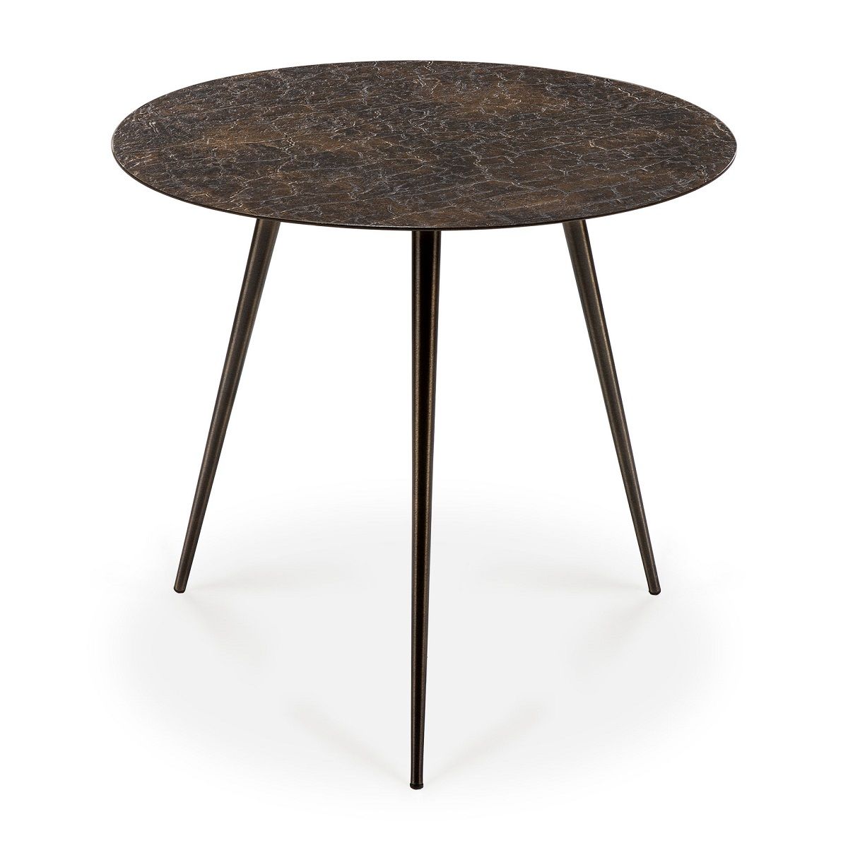 Runder Luna Couchtisch von Ethnicraft mit dunkler Tischplatte und filigranem Metallgestell.