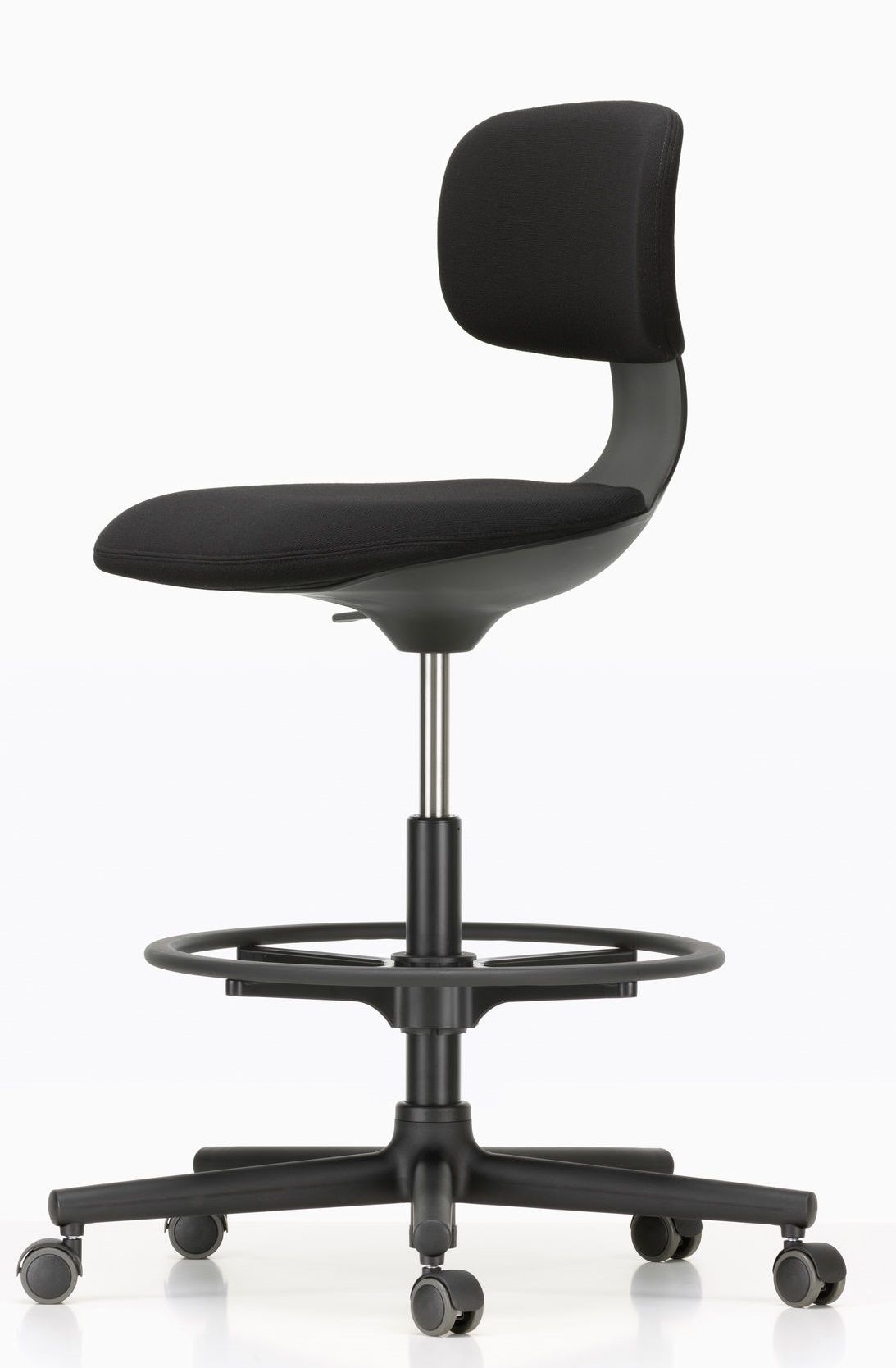 Vitra Rookie High Bürodrehstuhl in Schwarz, ergonomischer Hocker mit Fußstütze und Rollen.