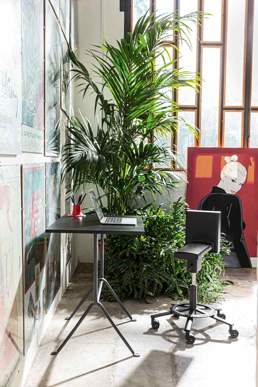Schwarzer 360° Stool Drehstuhl von Magis am Schreibtisch mit Laptop und Pflanzen im Hintergrund.