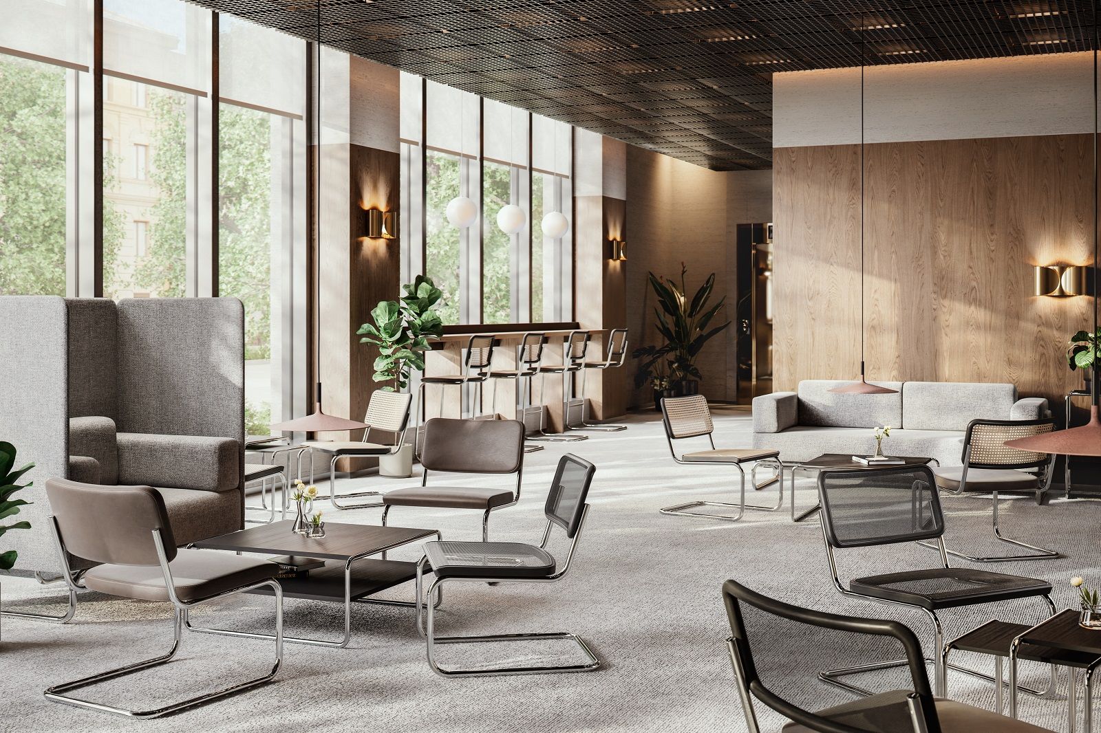Innenaufnahme eines modernen Loungebereichs mit Thonet S 32 VL Nussbaum Sesseln mit Naturrohrgeflecht und Chromgestell.
