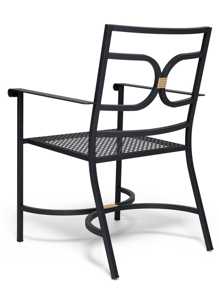 Collier Armchair von Emu, ein schwarzer Outdoor-Stuhl mit Armlehnen und dekorativer Rückenlehne, Rückansicht.