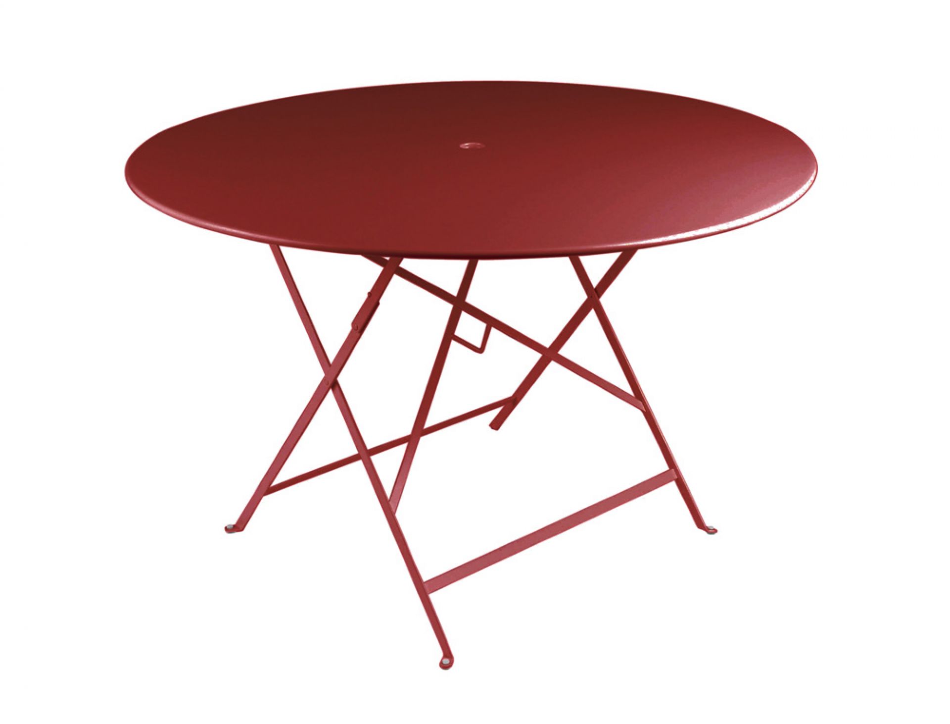 Roter, runder Fermob Bistro Klapptisch für den Außenbereich, ideal für Garten und Balkon.