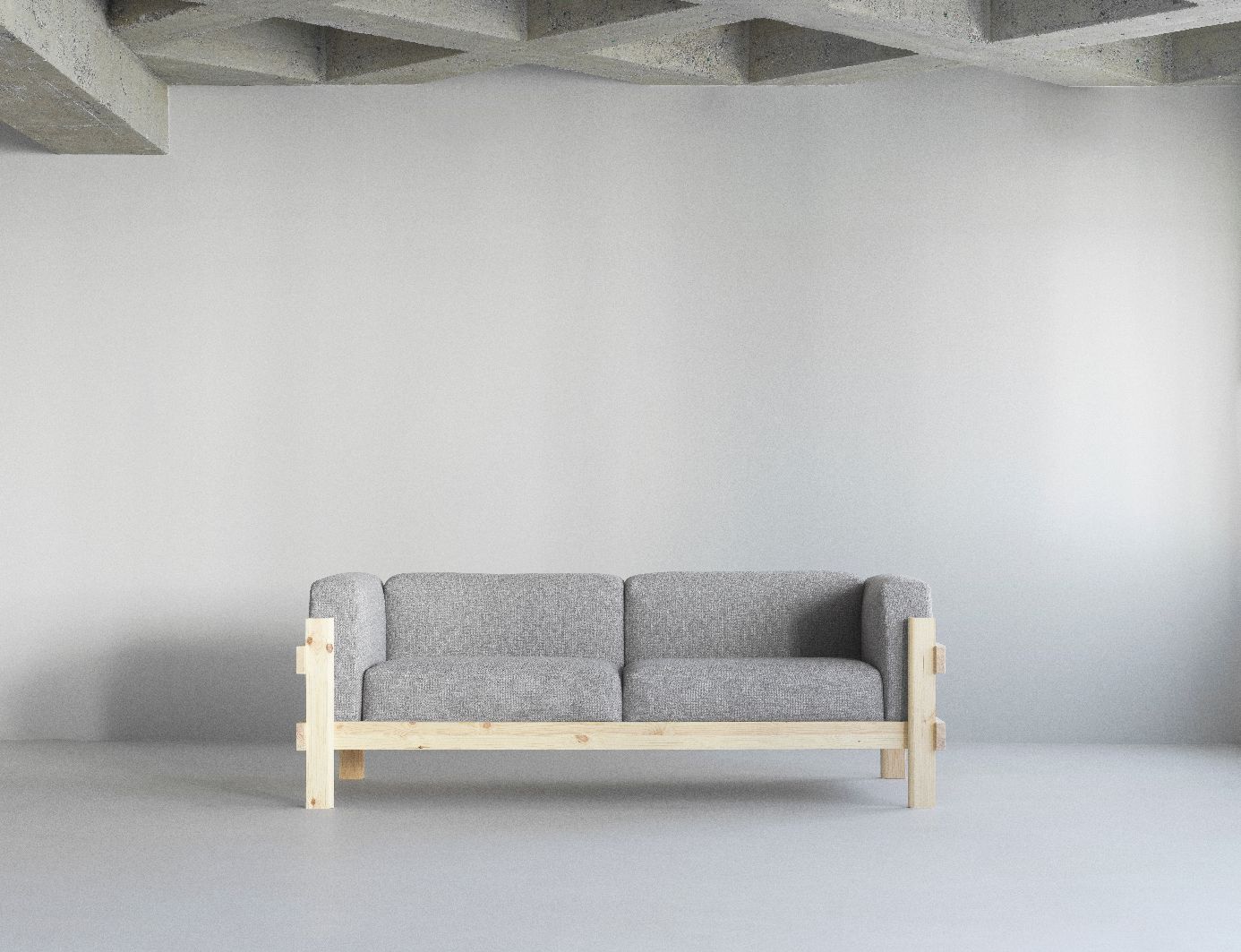 Graues Kube Sofa von Normann Copenhagen mit hellem Holzrahmen in minimalistischem, modernem Wohnraum.