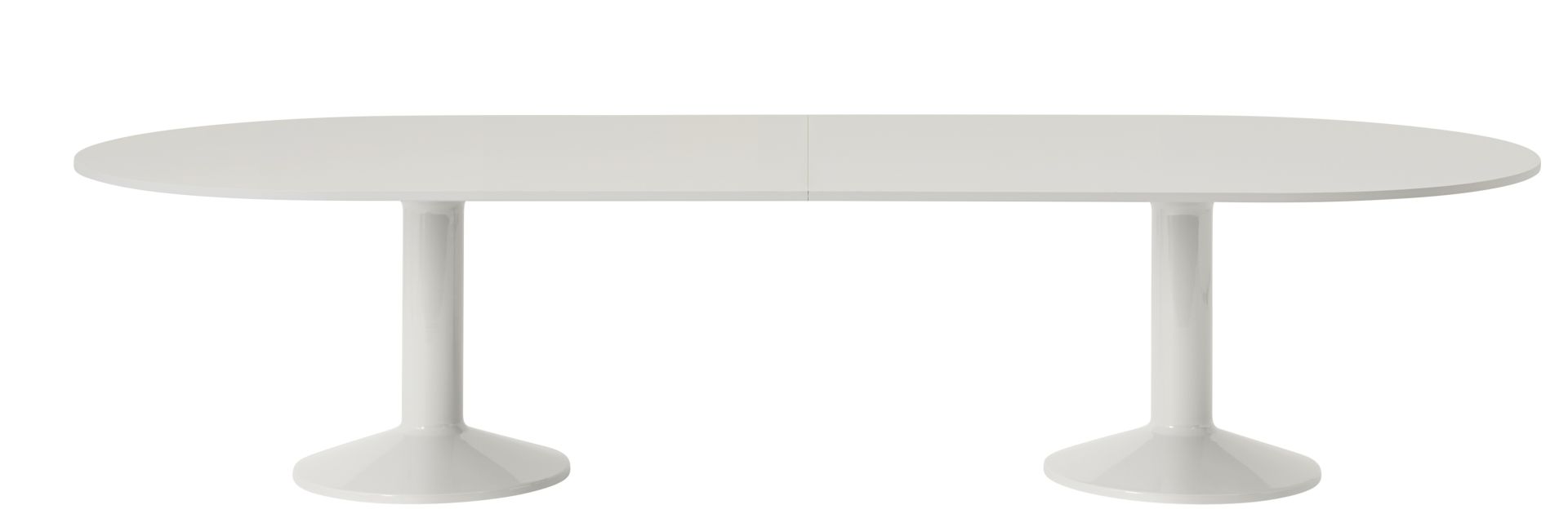 Muuto Midst Konferenztisch in Weiß, oval, mit zwei zentralen Standbeinen für moderne Büros.