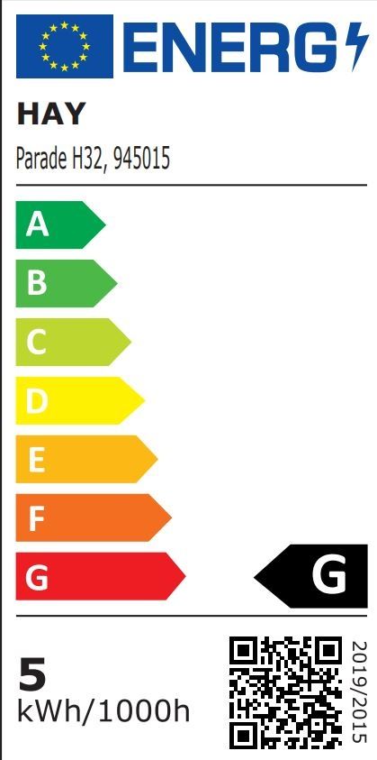 Energieeffizienzlabel der Hay Parade Tischleuchte H32, 945015, mit Energieeffizienzklasse G und QR-Code.