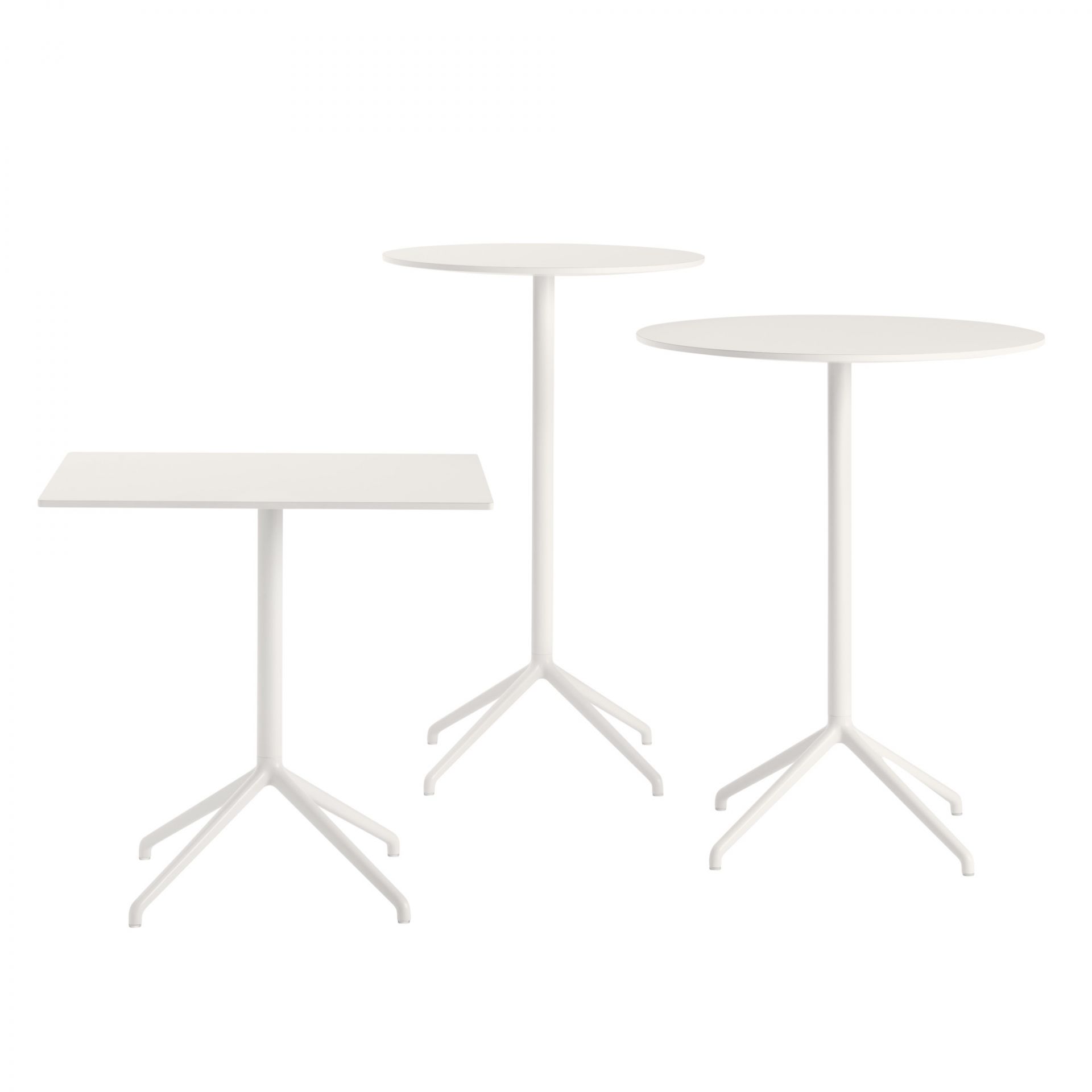Muuto Still Cafe Table Beistelltisch in Weiß mit runder und quadratischer Tischplatte für Gastronomie und Büro.