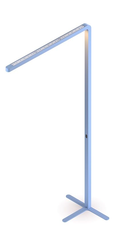 Team Agile Stehleuchte in Grau: Moderne LED-Stehlampe mit minimalistischem Design und X-förmigem Fuß für Büro und Wohnzimmer.