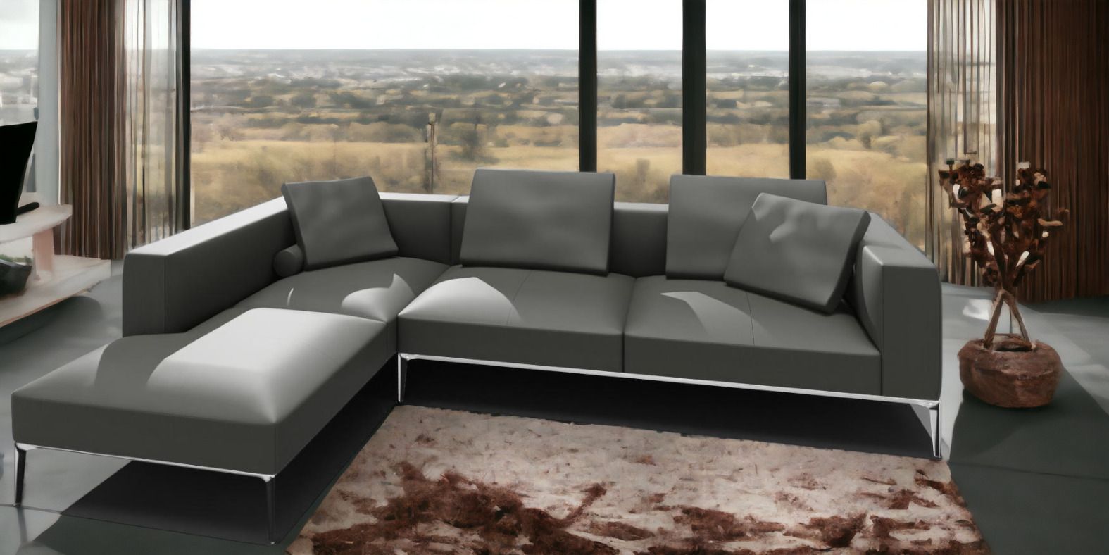 Jaan Living Sofa, 3-Sitzer Ledersofa in Slate Grau mit Kissen und Komfortrollen.