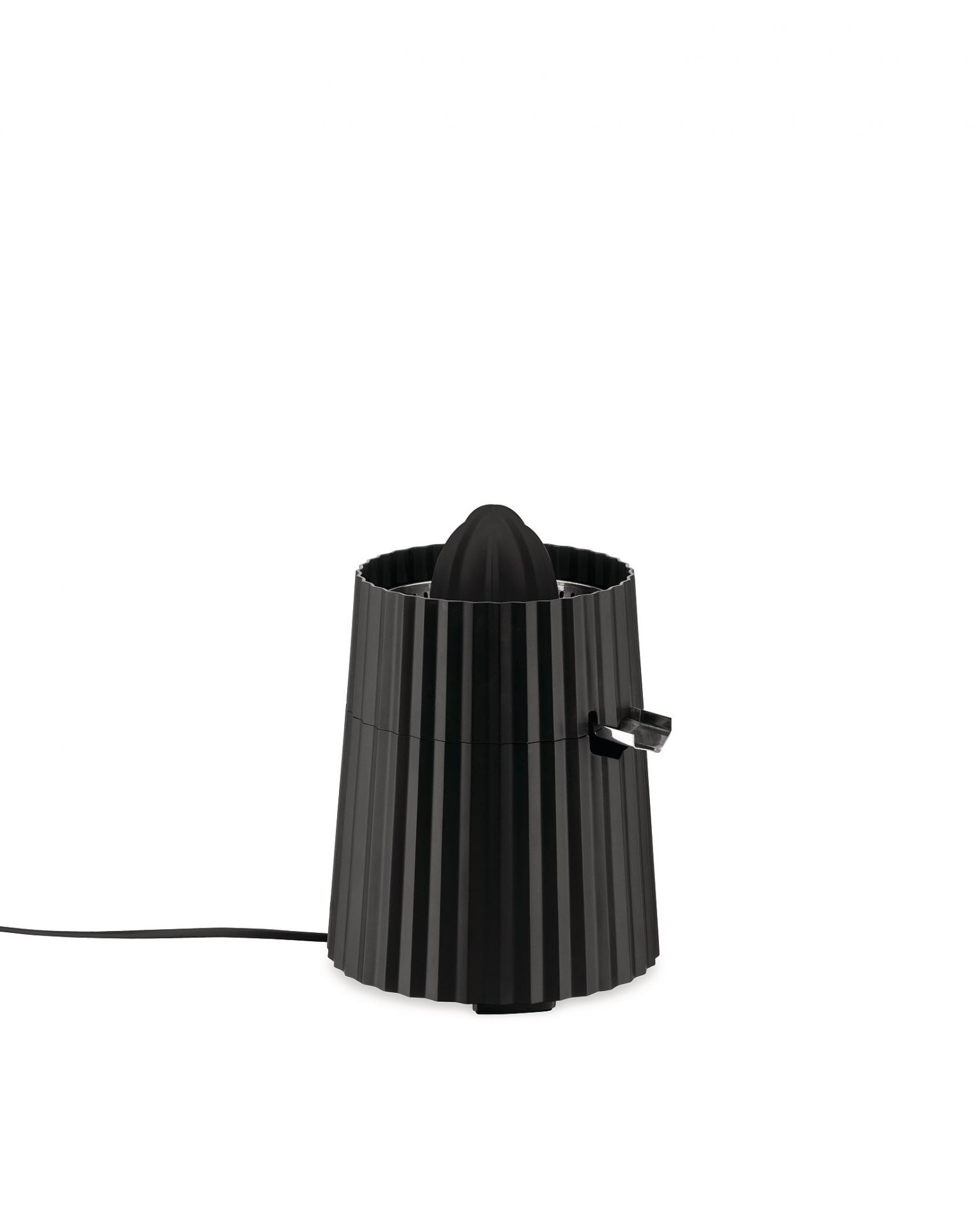 Schwarze Alessi Zitronenpresse MDL07 B Plissé: Elektrische Saftpresse für frischen Zitronensaft. Design Küchengerät.