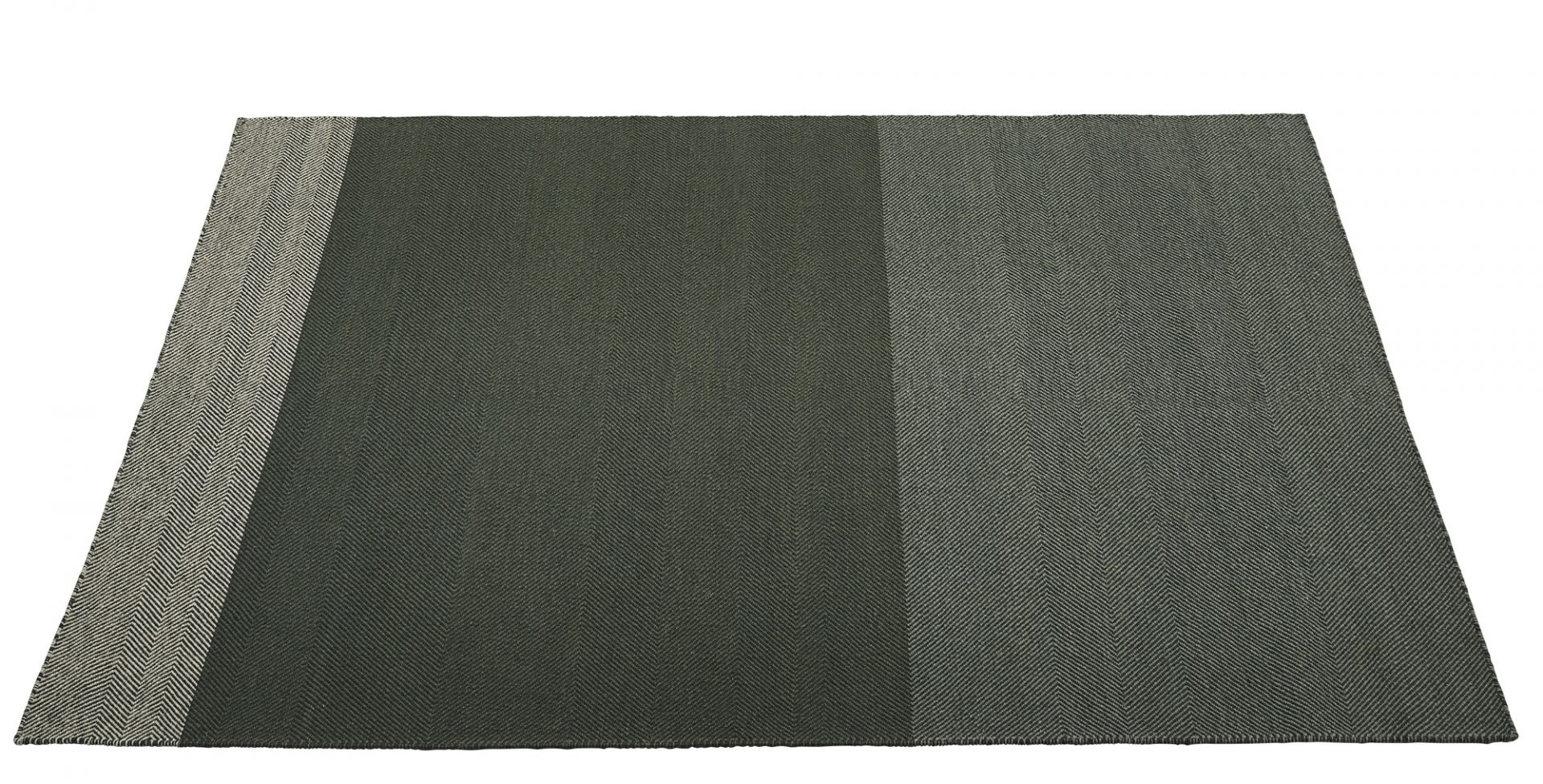 Muuto Varjo Rug Teppich, rechteckig, mit dezentem Fischgrätmuster in Grau- und Grüntönen für Wohnzimmer und Schlafzimmer.