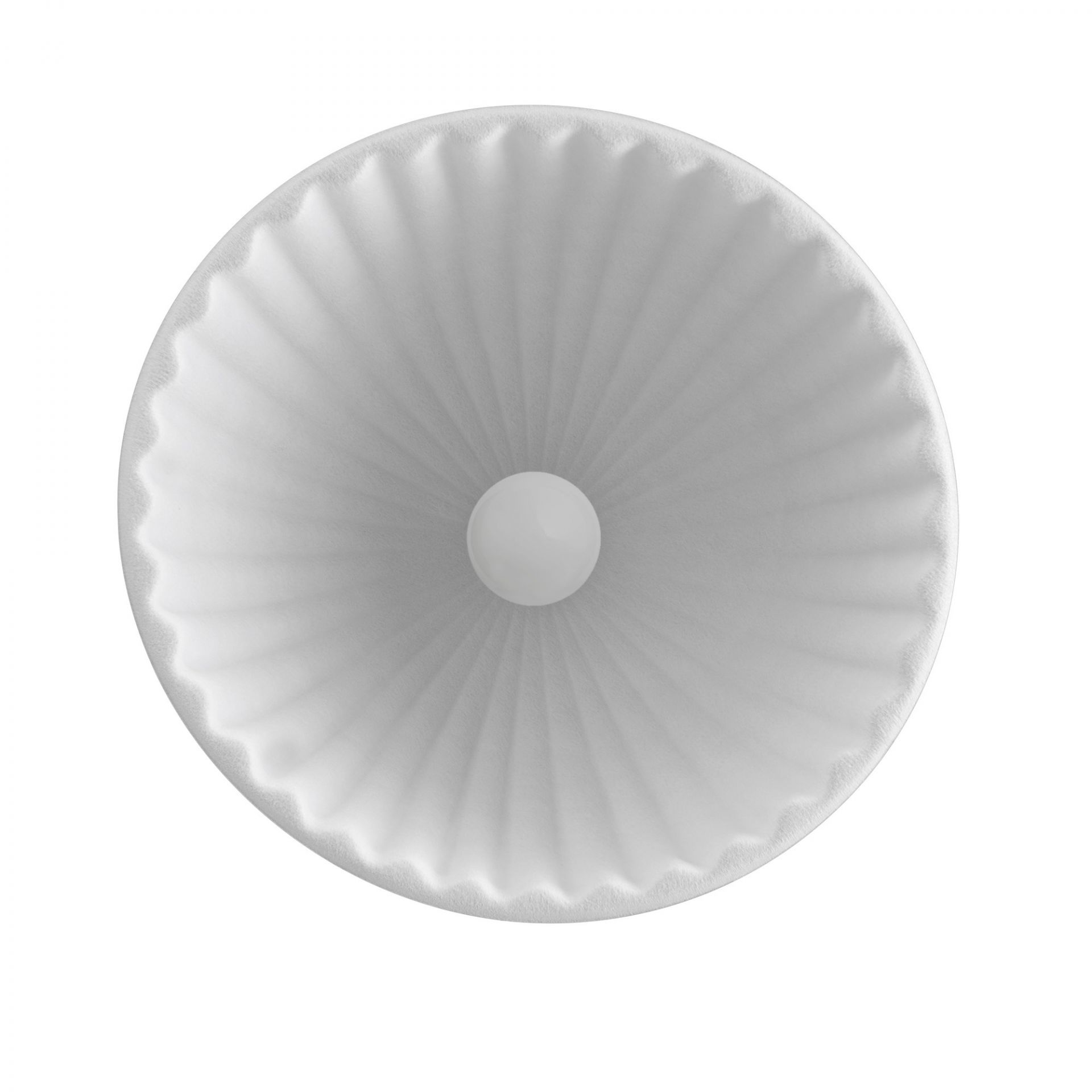 Ansicht von oben: Weiße Under The Bell Pendelleuchte von Muuto mit filzähnlicher Oberfläche und Glühbirne.