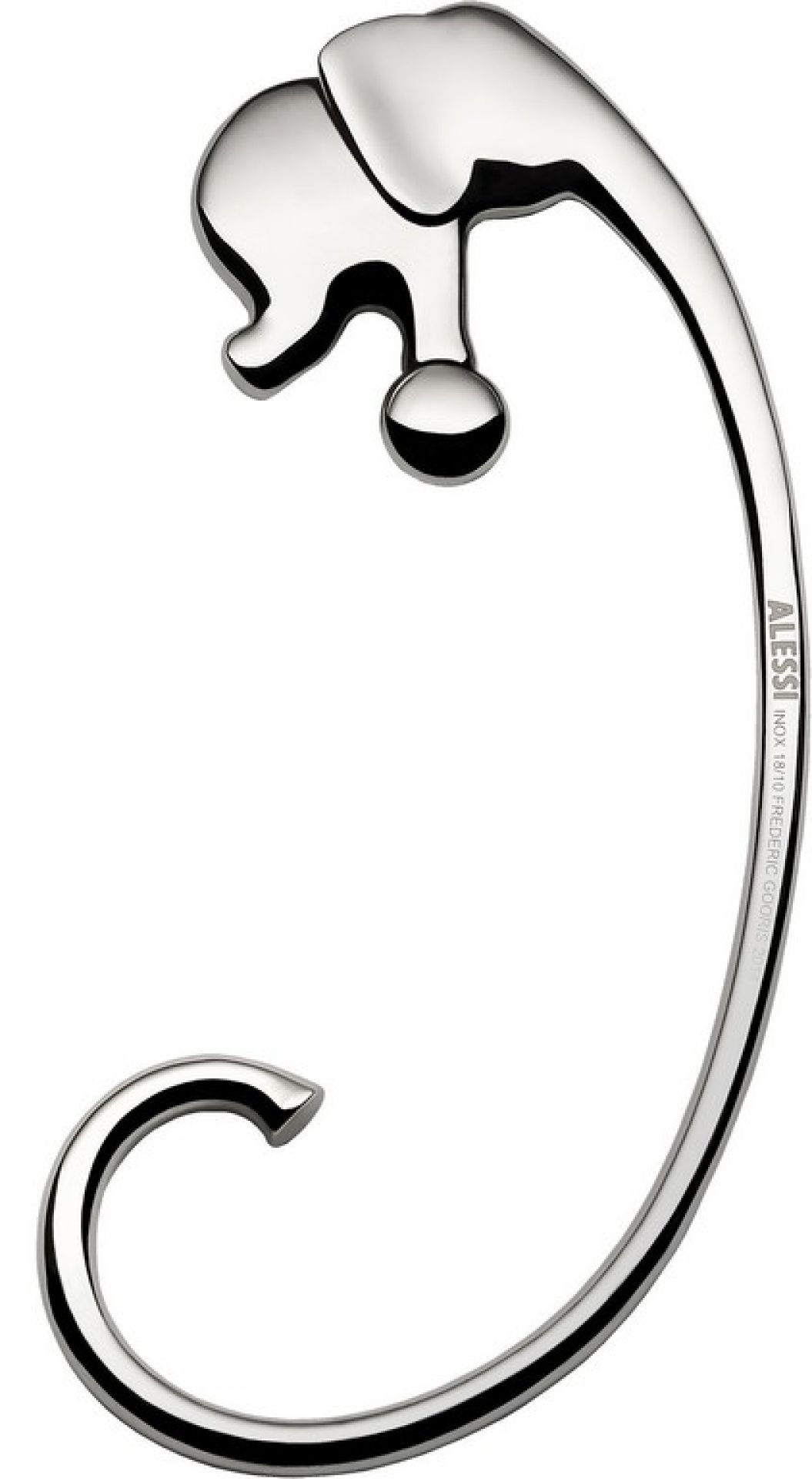 Alessi Taschenhaken mit Elefant-Motiv, glänzend poliert, ideal für Handtaschen und Accessoires.