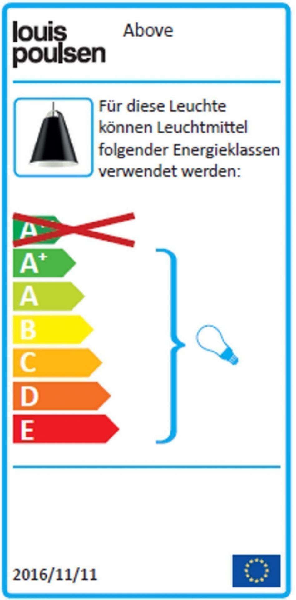 Energielabel der Louis Poulsen Above Pendelleuchte, Energieeffizienzklasse A+ bis E, Leuchtmittelinformationen für nachhaltige Beleuchtung.