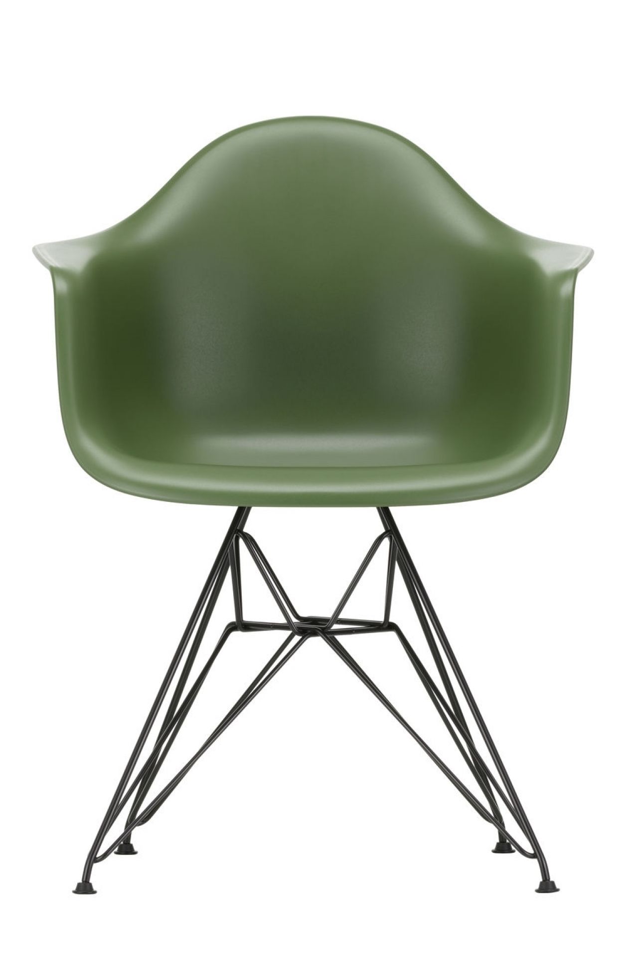 Eames Plastic Arm Chair (DAR) von Vitra, tiefschwarzes Untergestell, olivgrüne Sitzschale. Designklassiker für Wohnen und Büro.
