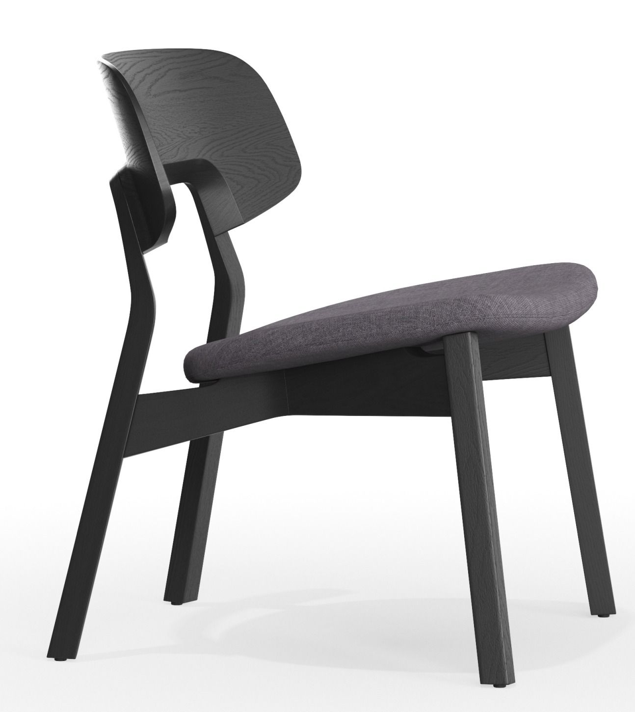 Nonoto Lounge Chair: Cocktailsessel mit grauem Sitzpolster und dunklem Holzgestell, seitliche Ansicht.