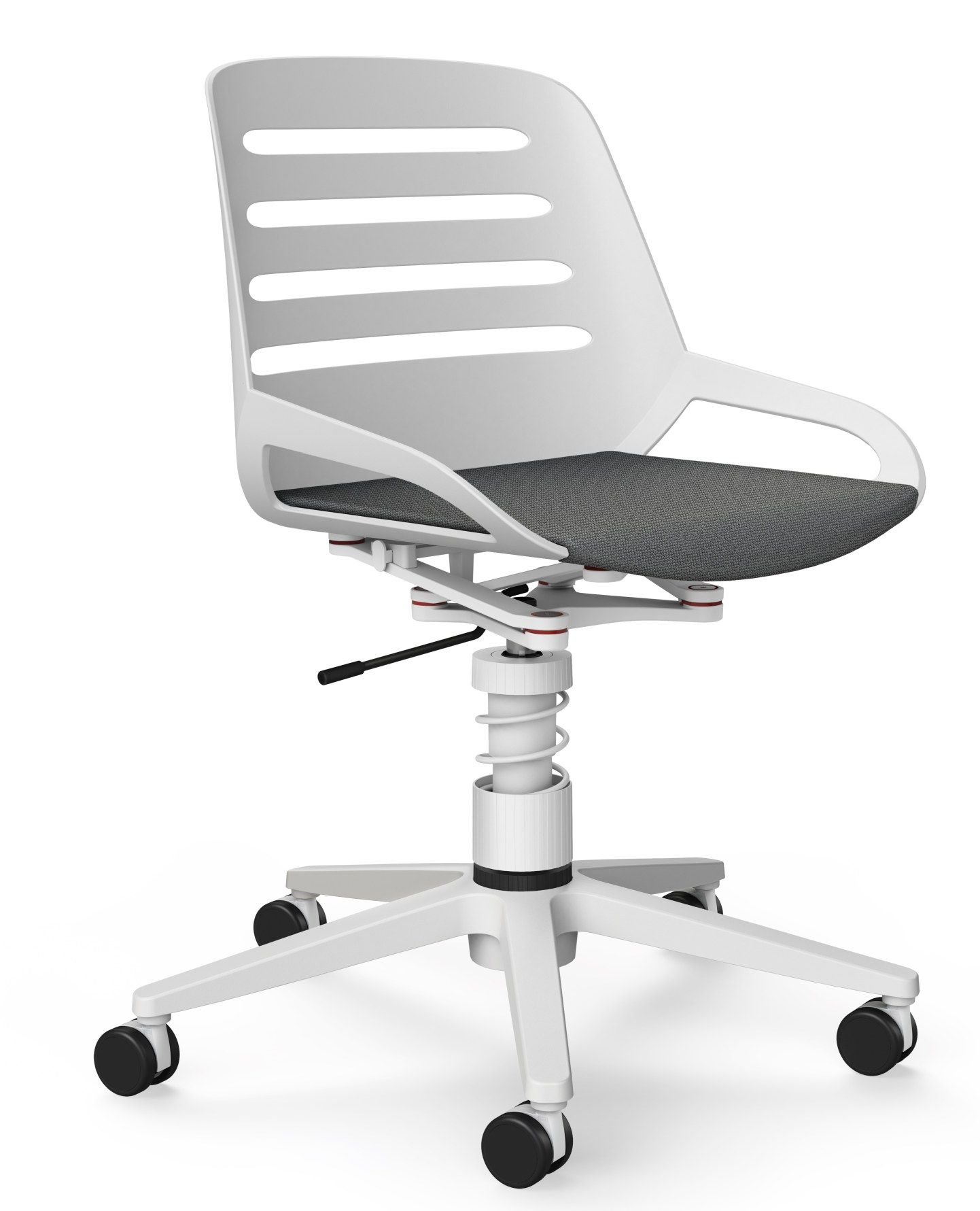 Numo Task Bürodrehstuhl von Aeris in Weiß mit grauem Sitzpolster und Rollen für das Büro.
