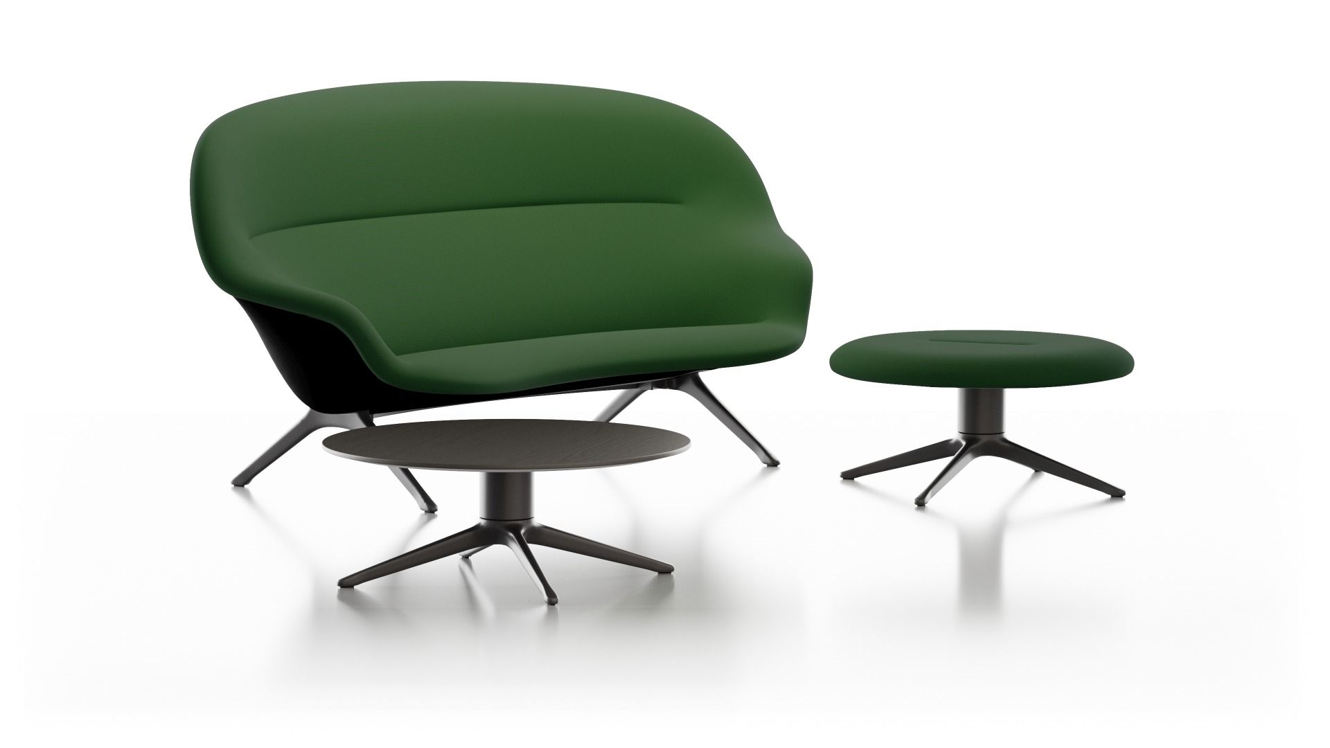 Abalon Platform Ottoman von Vitra, grüner Sessel mit Fußhocker und kleinem Tisch.