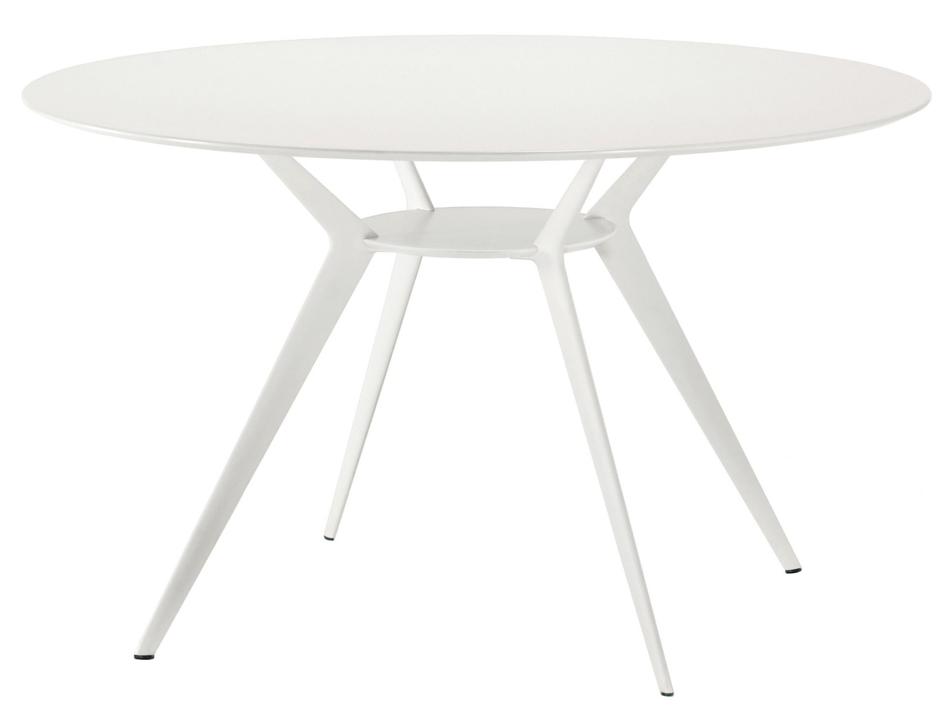 Weißer Biplane Tisch mit runder Tischplatte und filigranem, dreibeinigem Metallgestell für Esszimmer oder Küche.