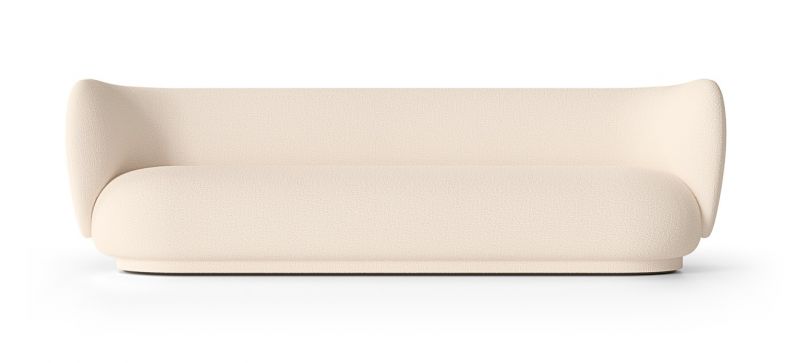Beige Rico Sofa mit Bouclé-Bezug von Ferm Living, Frontansicht. Modernes Design Sofa für Wohnzimmer.